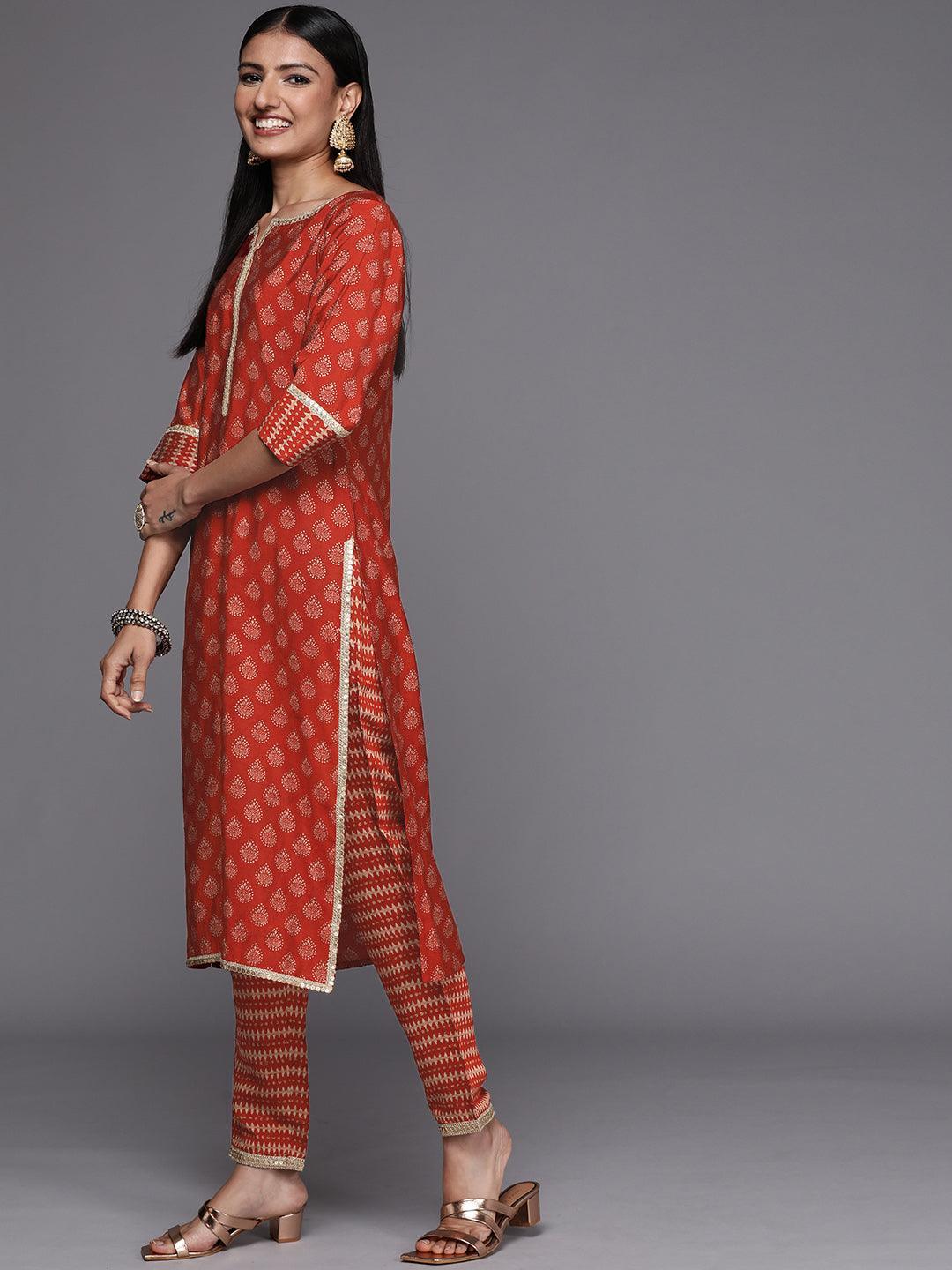 Orange Printed Silk Blend Straight Suit Set