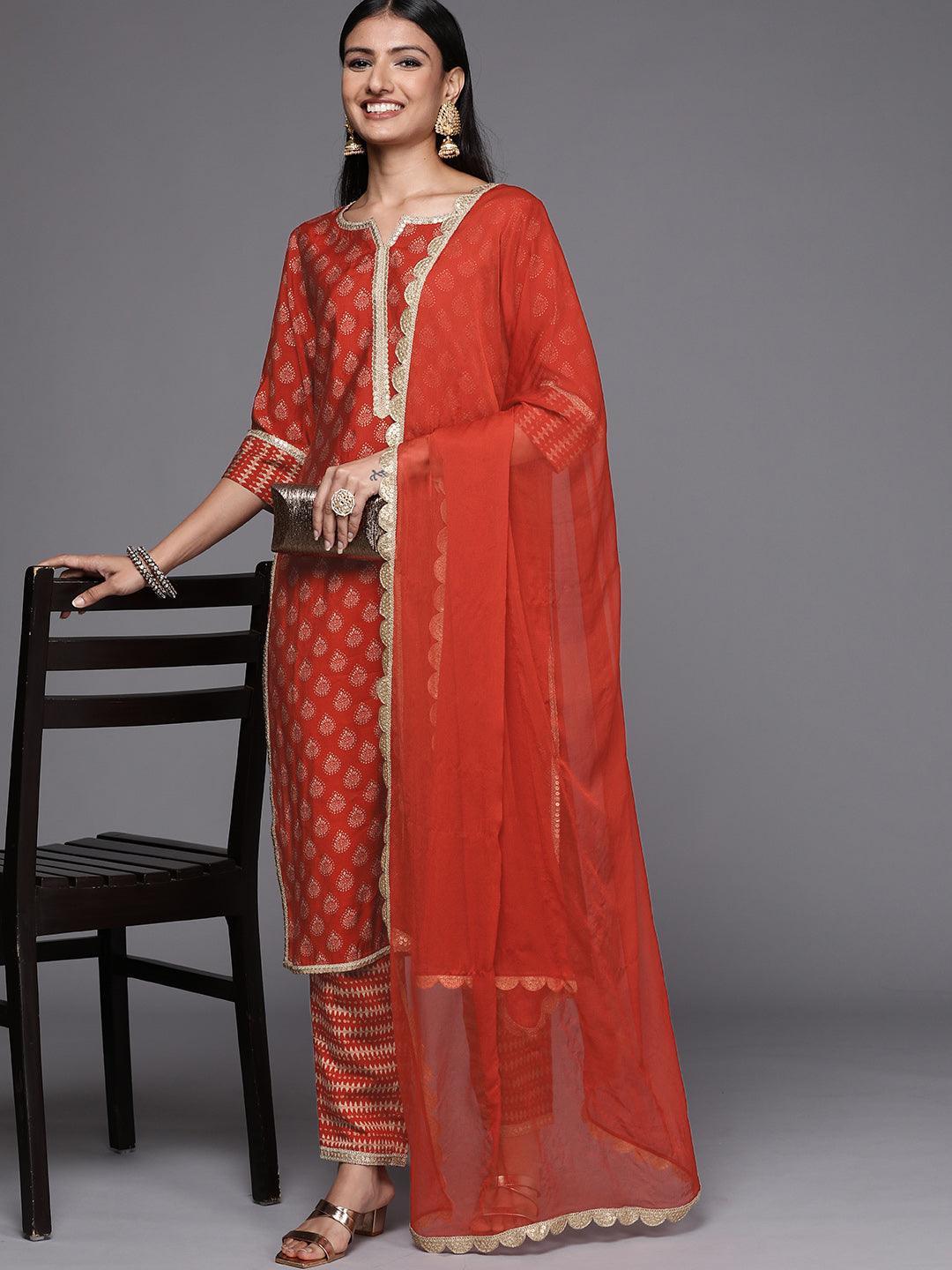 Orange Printed Silk Blend Straight Suit Set