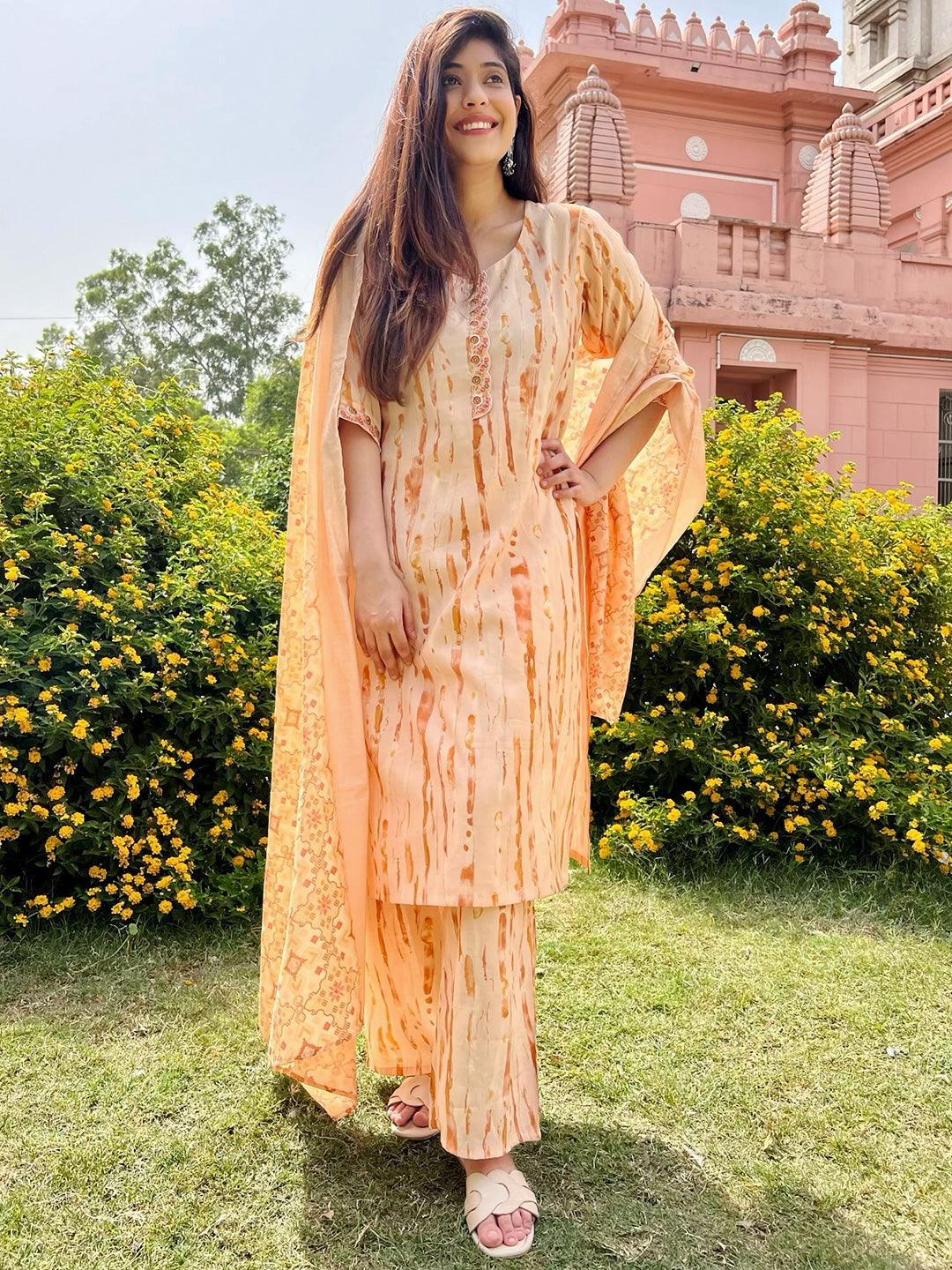 Orange Printed Silk Blend Straight Suit Set With Trousers