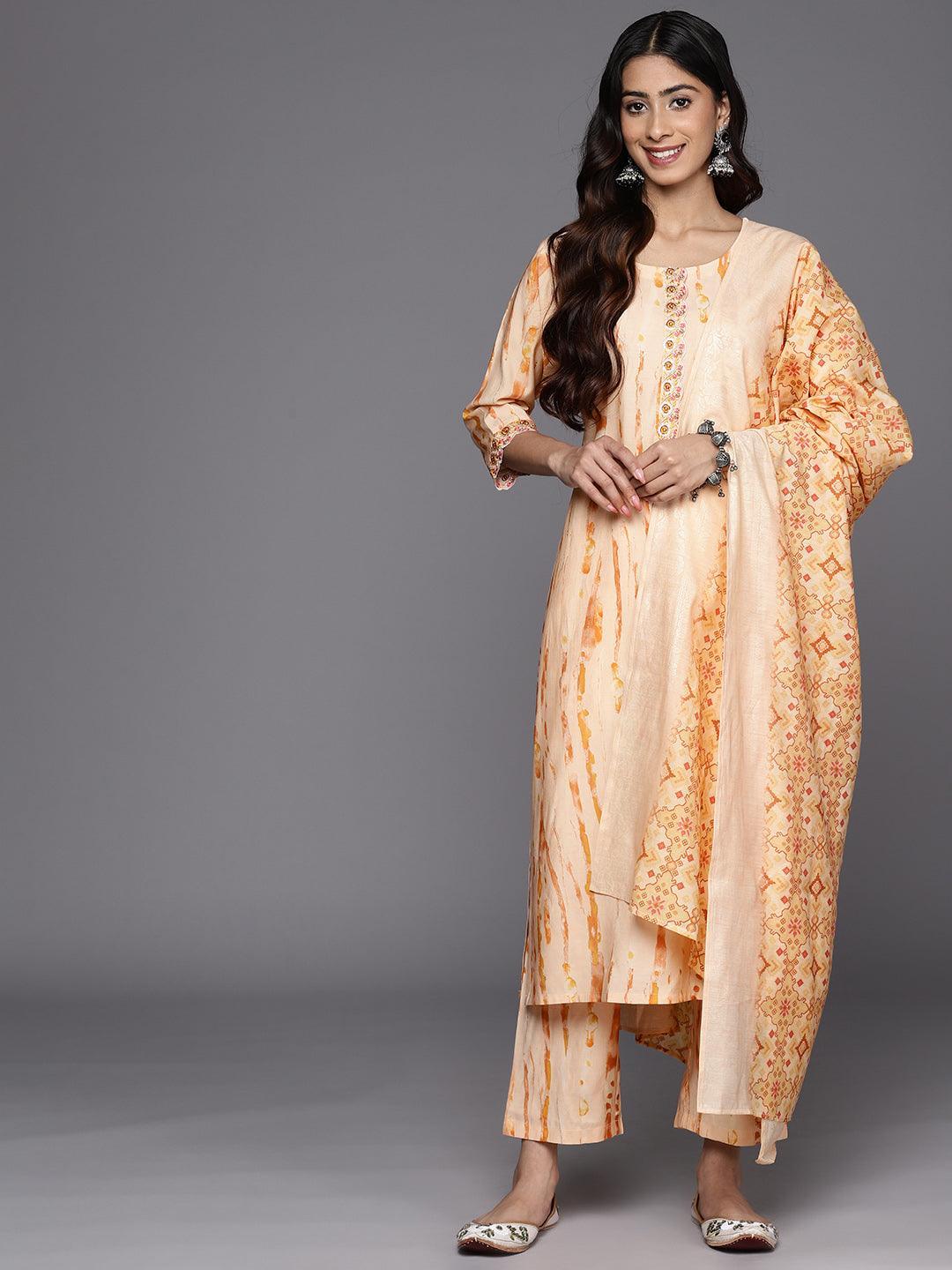 Orange Printed Silk Blend Straight Suit Set With Trousers