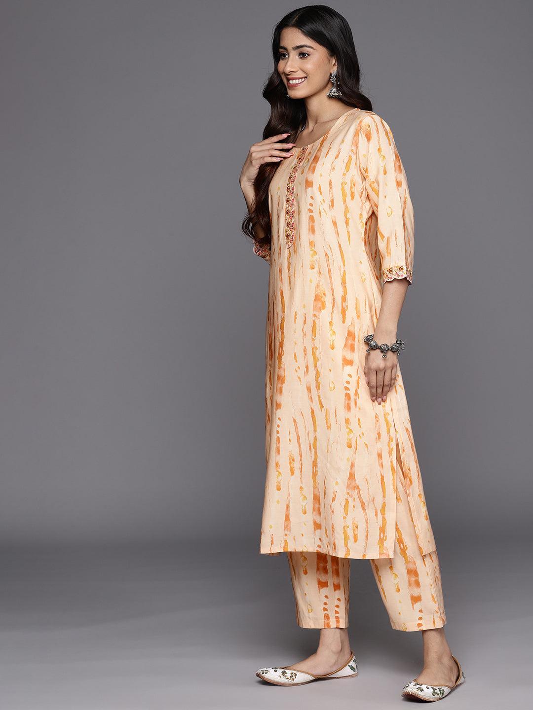 Orange Printed Silk Blend Straight Suit Set With Trousers