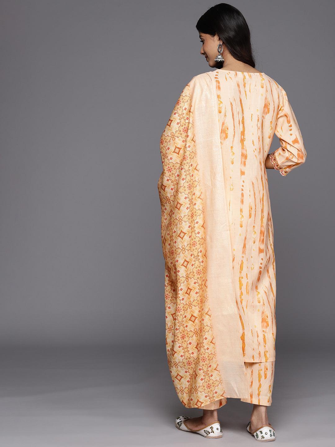 Orange Printed Silk Blend Straight Suit Set With Trousers