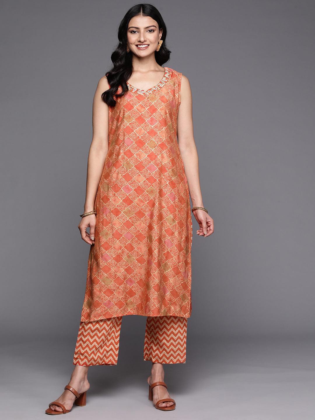 Orange Printed Silk Blend Straight Kurta Set With Trousers - ShopLibas