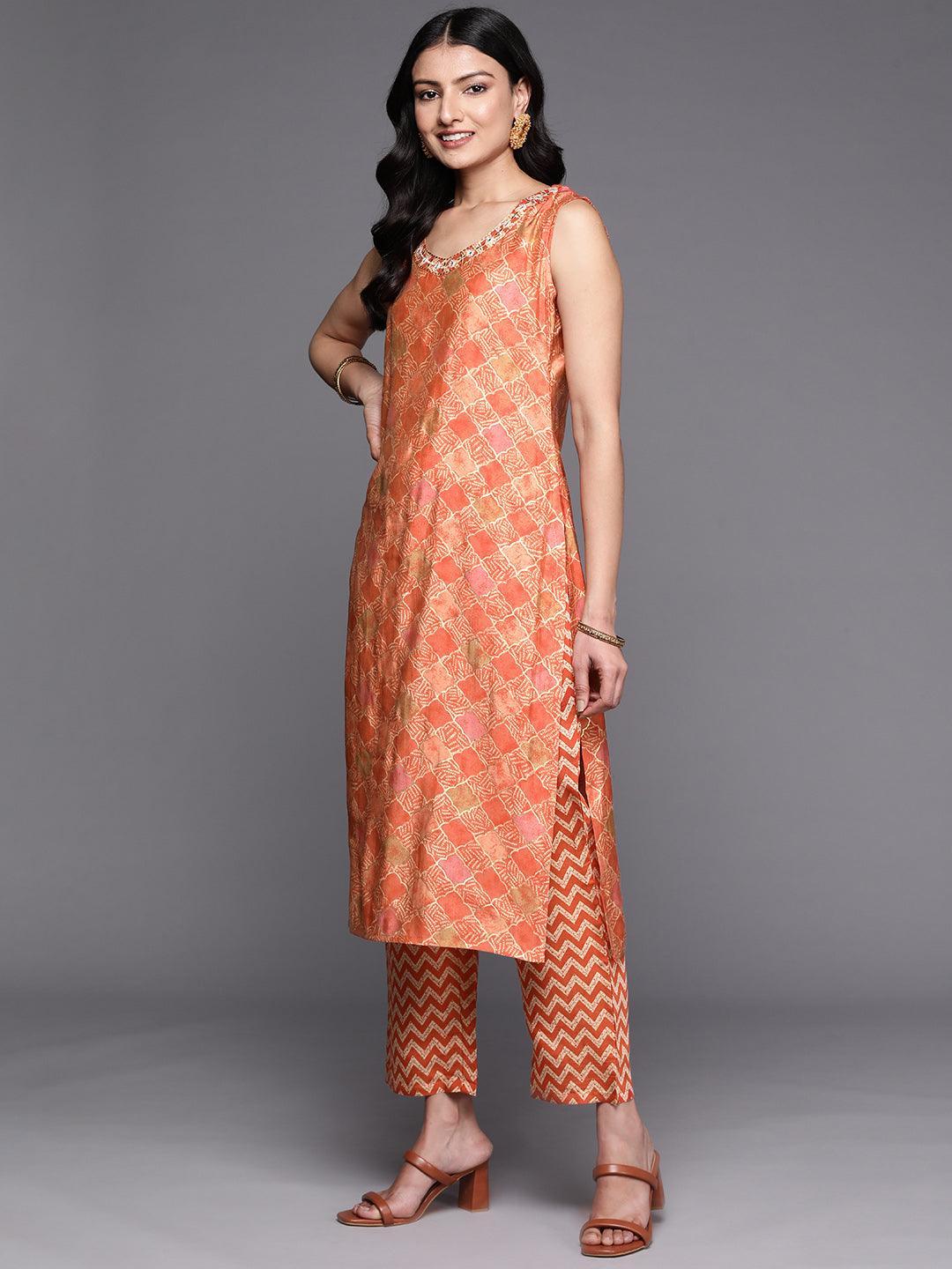 Orange Printed Silk Blend Straight Kurta Set With Trousers - ShopLibas