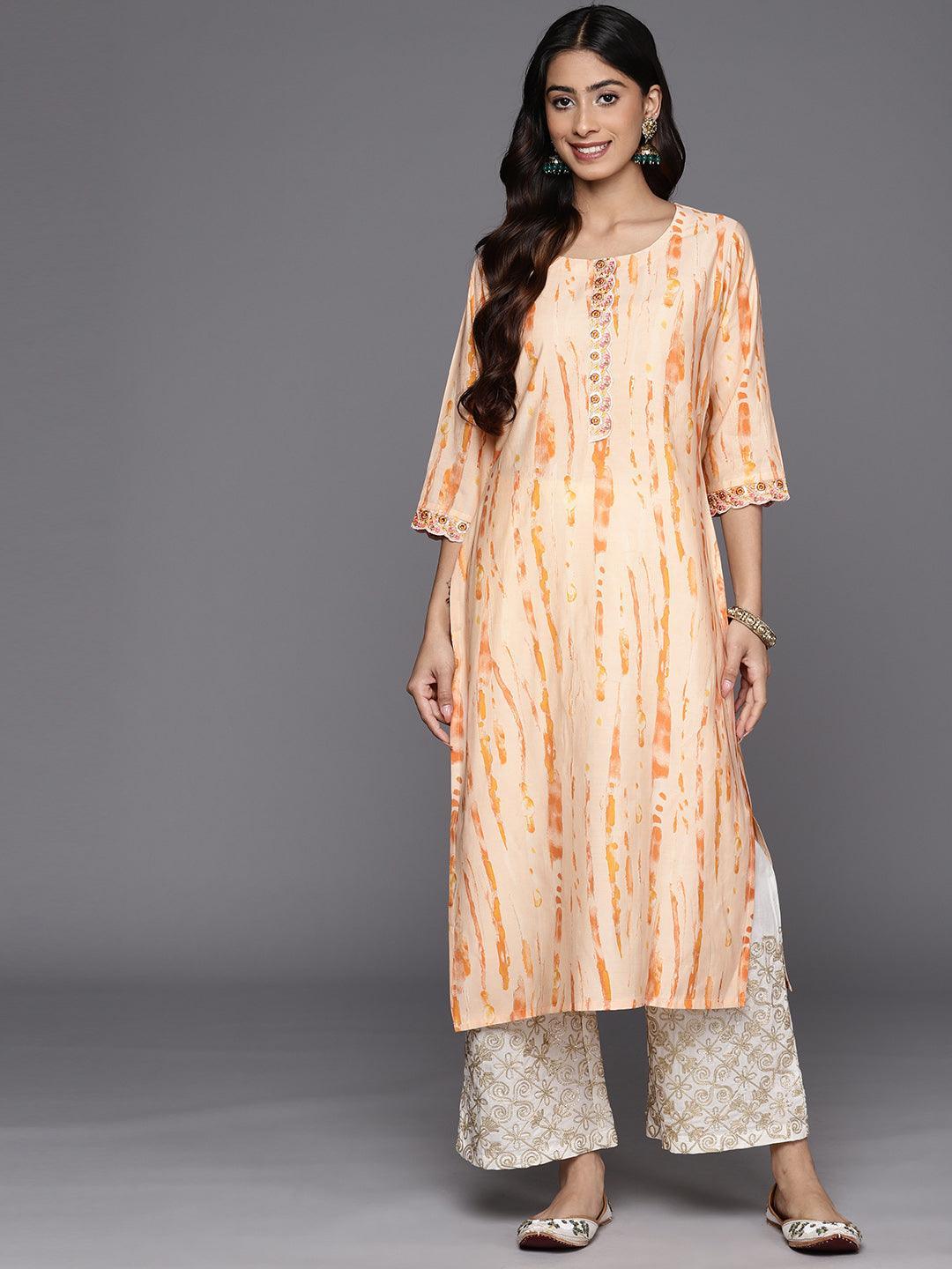 Orange Printed Silk Straight Kurta