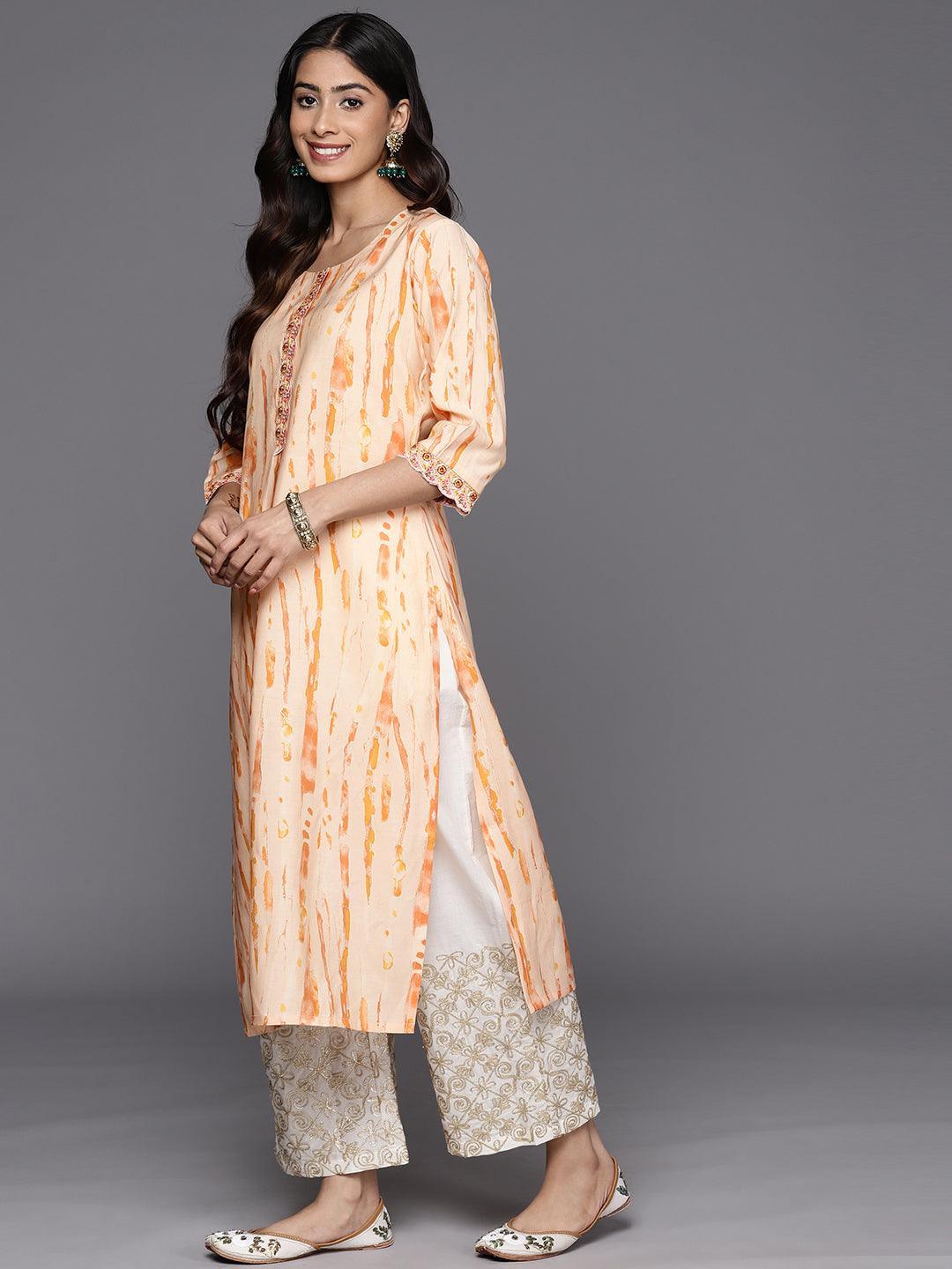 Orange Printed Silk Straight Kurta