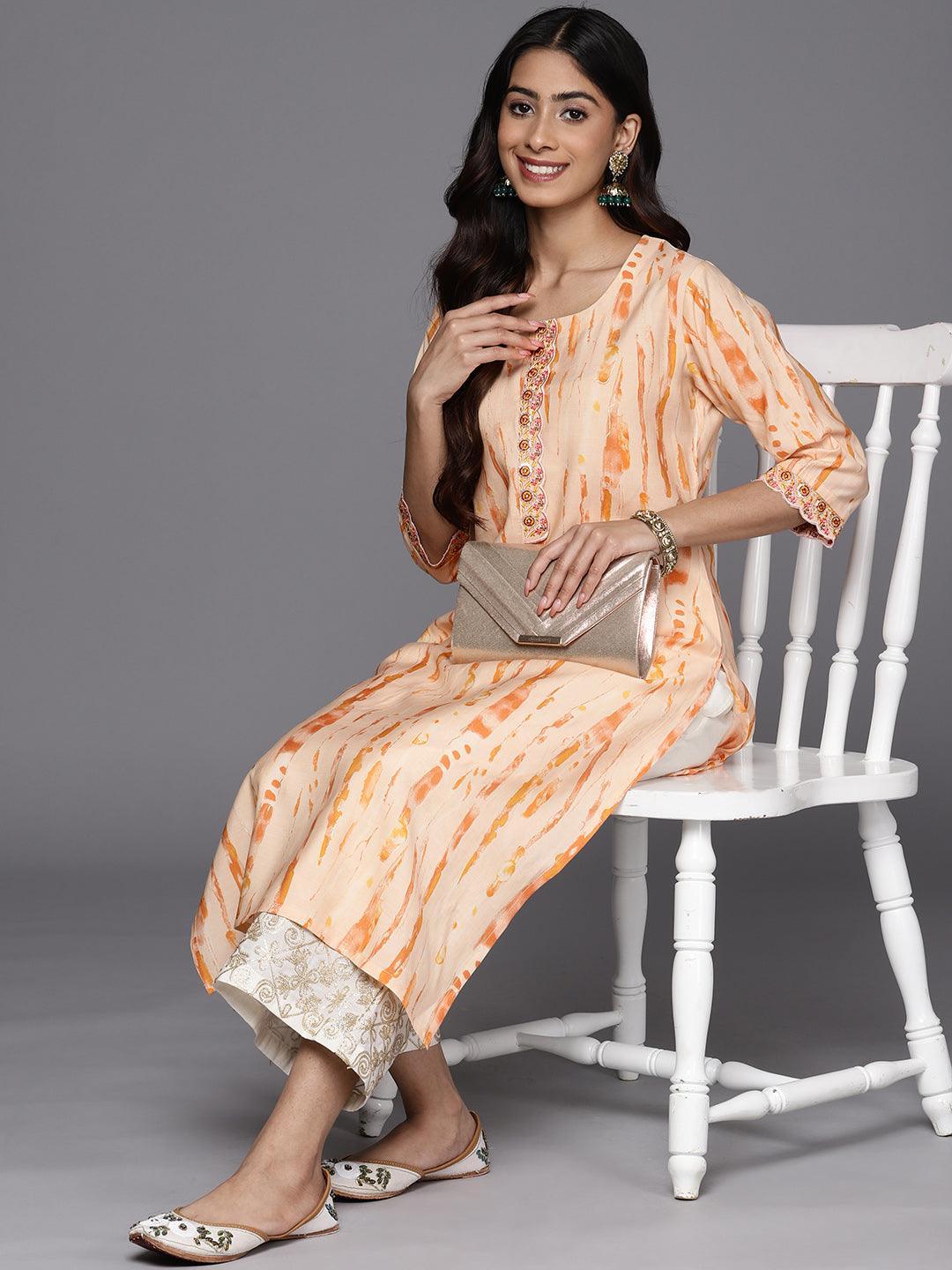 Orange Printed Silk Straight Kurta