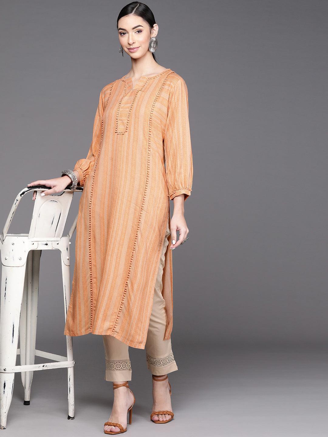 Orange Striped Rayon Kurta - Libas