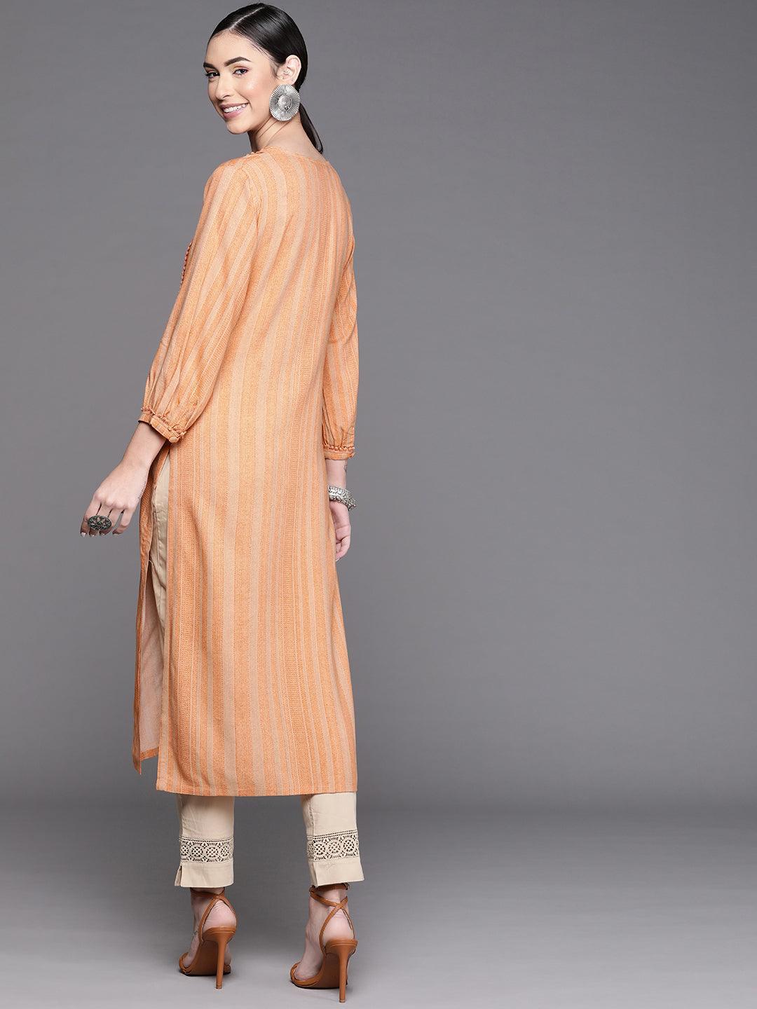 Orange Striped Rayon Kurta - Libas