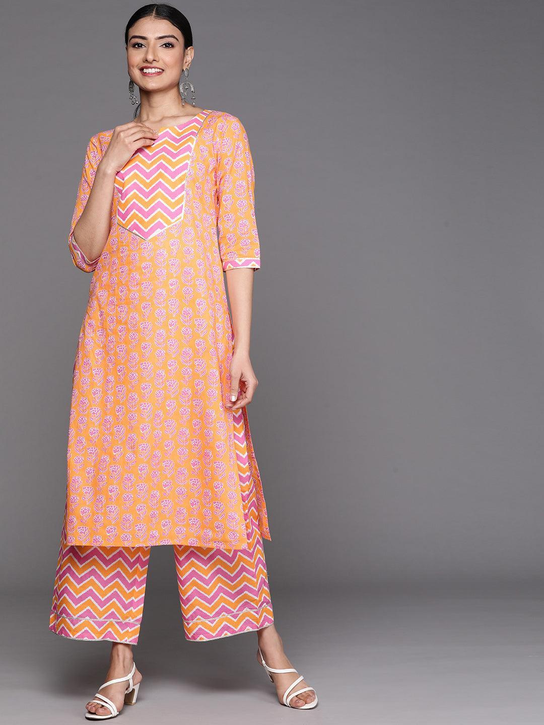 Orange Yoke Design Cotton Kurta - Libas