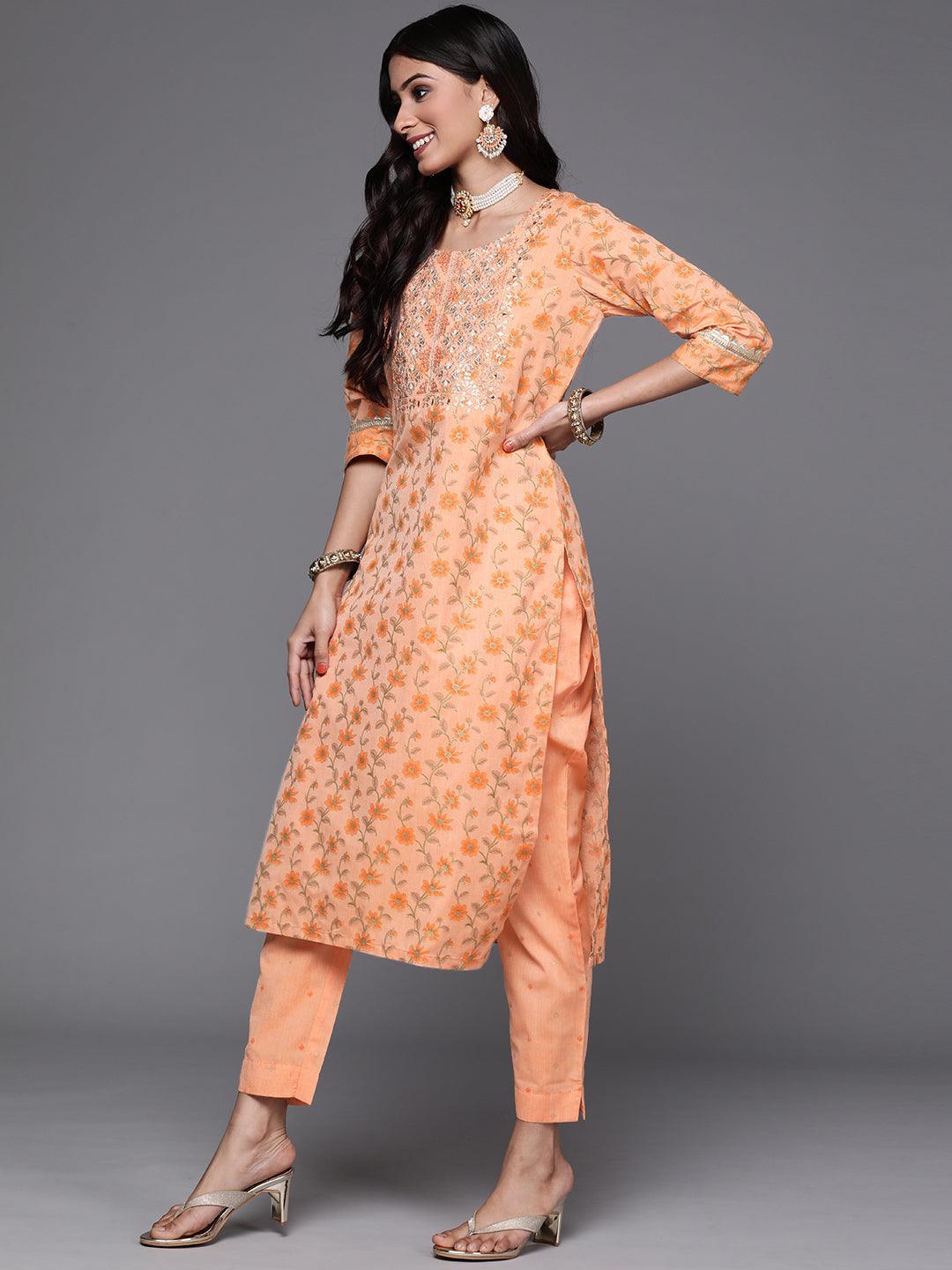 Orange Yoke Design Cotton Suit Set - ShopLibas