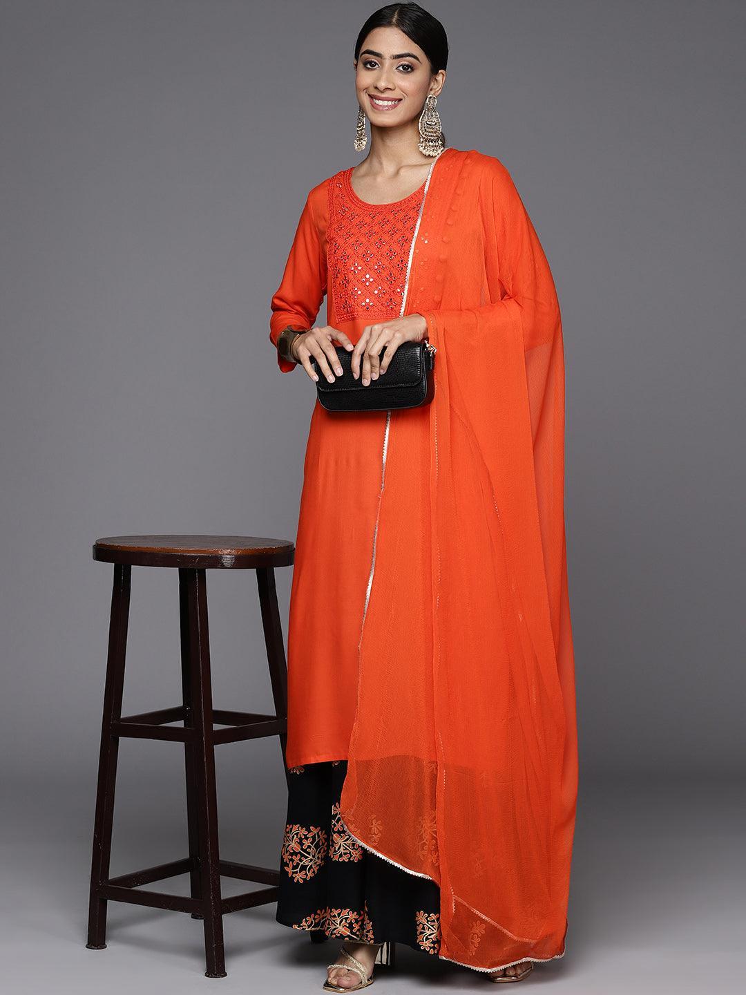 Orange Yoke Design Rayon Straight Kurta With Skirt & Dupatta