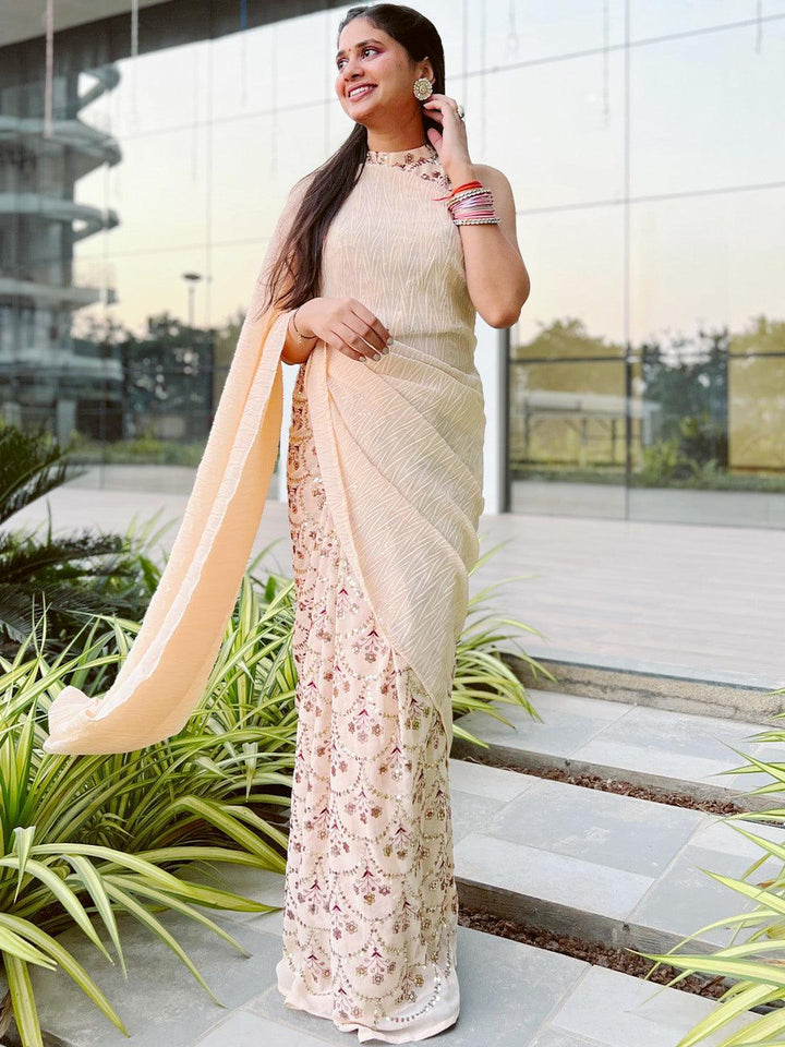 Peach Embellished Georgette Saree - ShopLibas