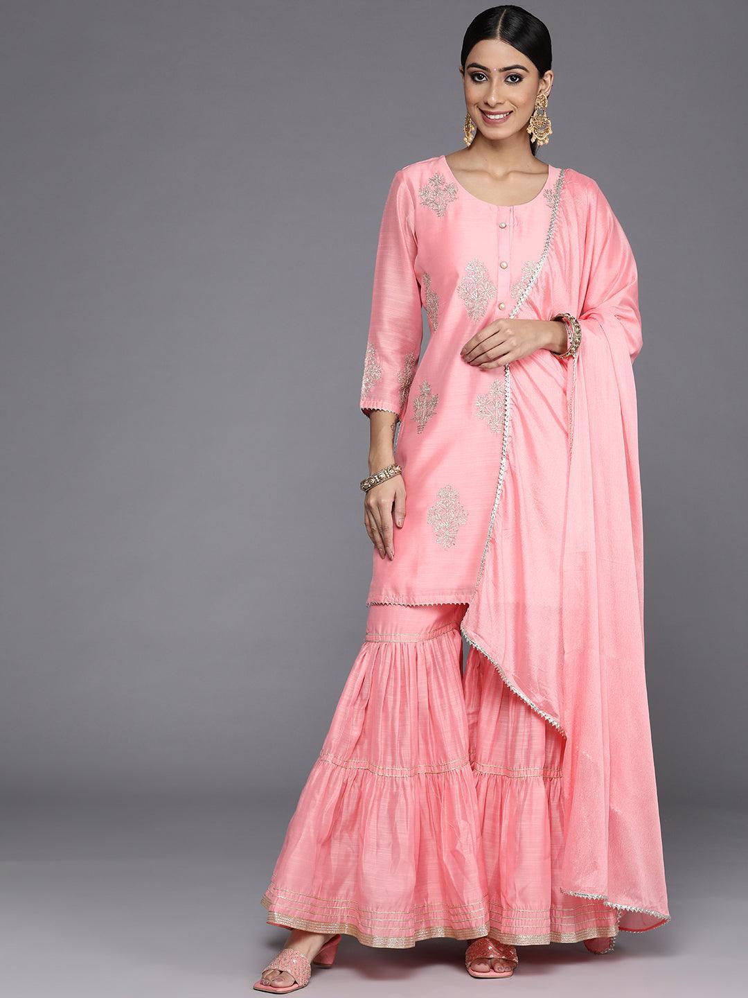 Peach Embroidered Chanderi Silk Straight Suit Set