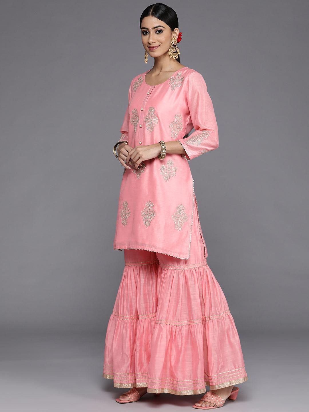 Peach Embroidered Chanderi Silk Straight Suit Set