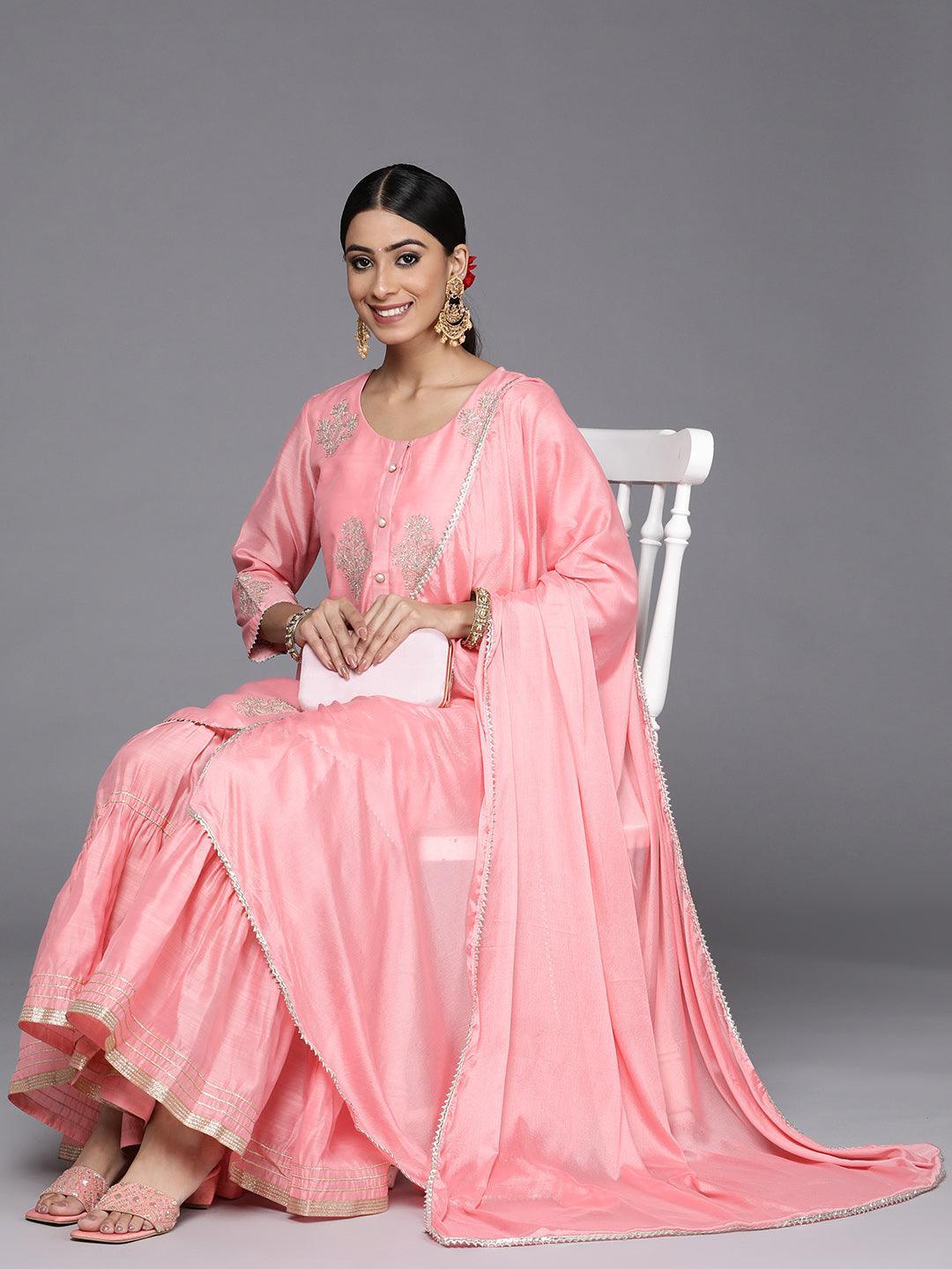 Peach Embroidered Chanderi Silk Straight Suit Set