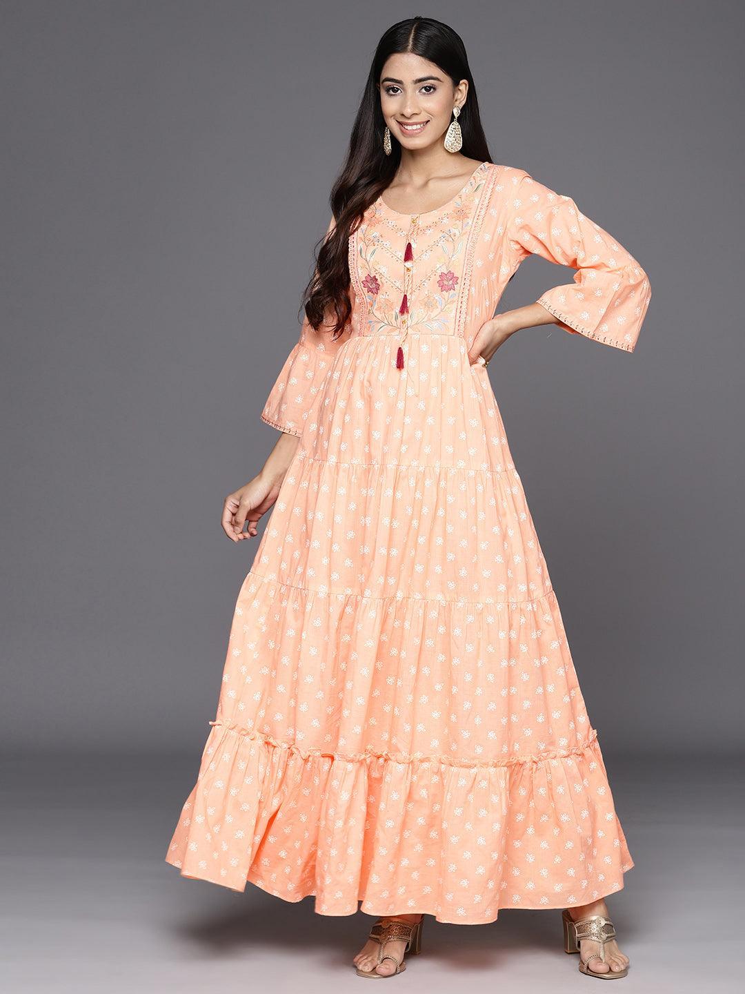 Peach Embroidered Cotton Fit and Flare Dress