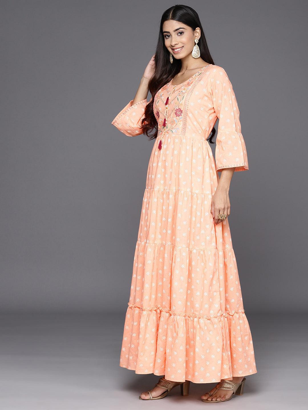 Peach Embroidered Cotton Fit and Flare Dress