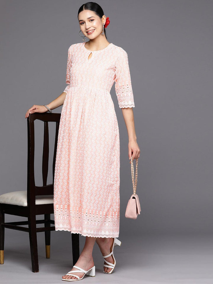 Peach Embroidered Cotton Fit and Flare Dress - ShopLibas