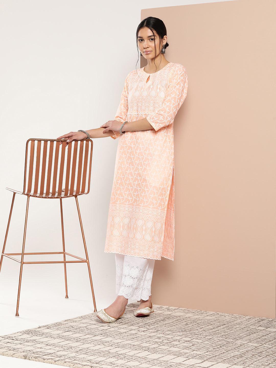 Peach Embroidered Cotton Straight Kurta