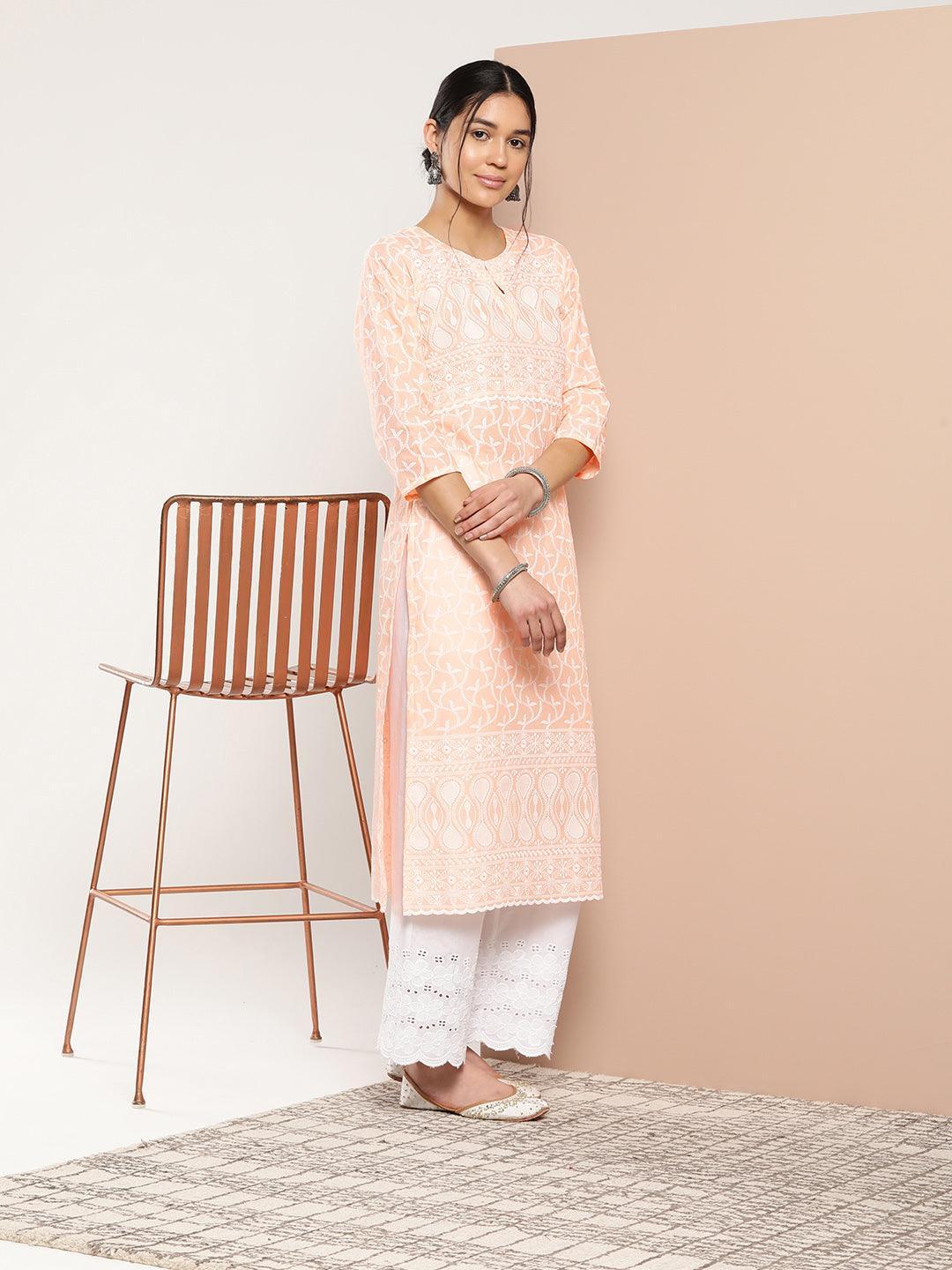 Peach Embroidered Cotton Straight Kurta