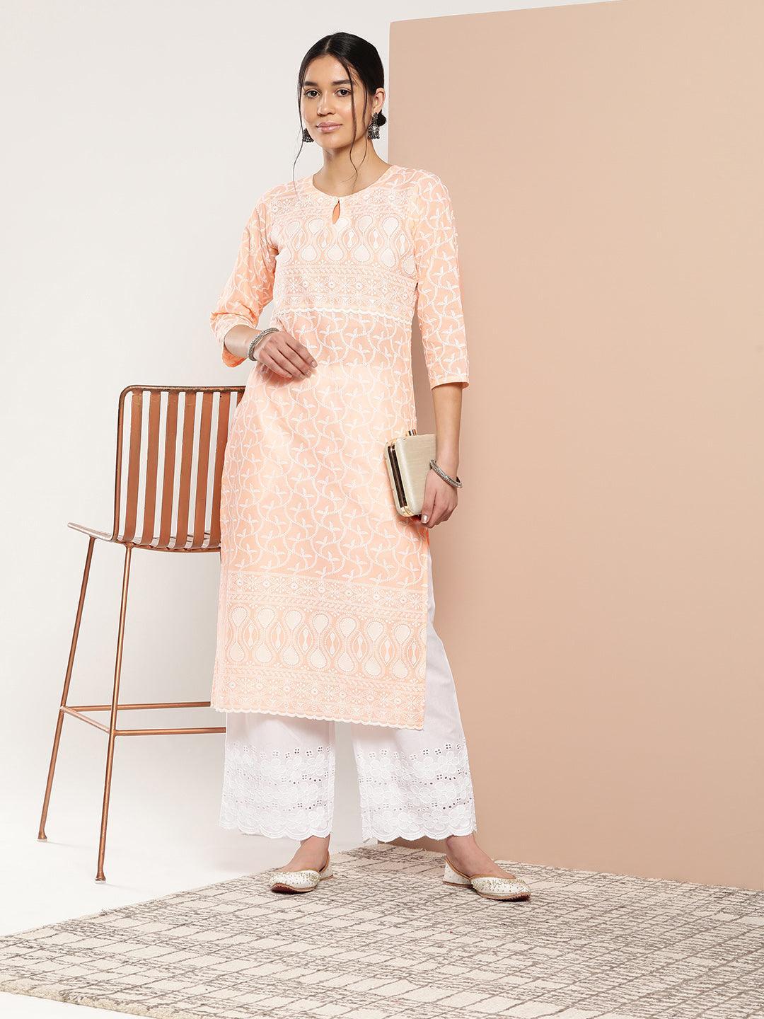 Peach Embroidered Cotton Straight Kurta