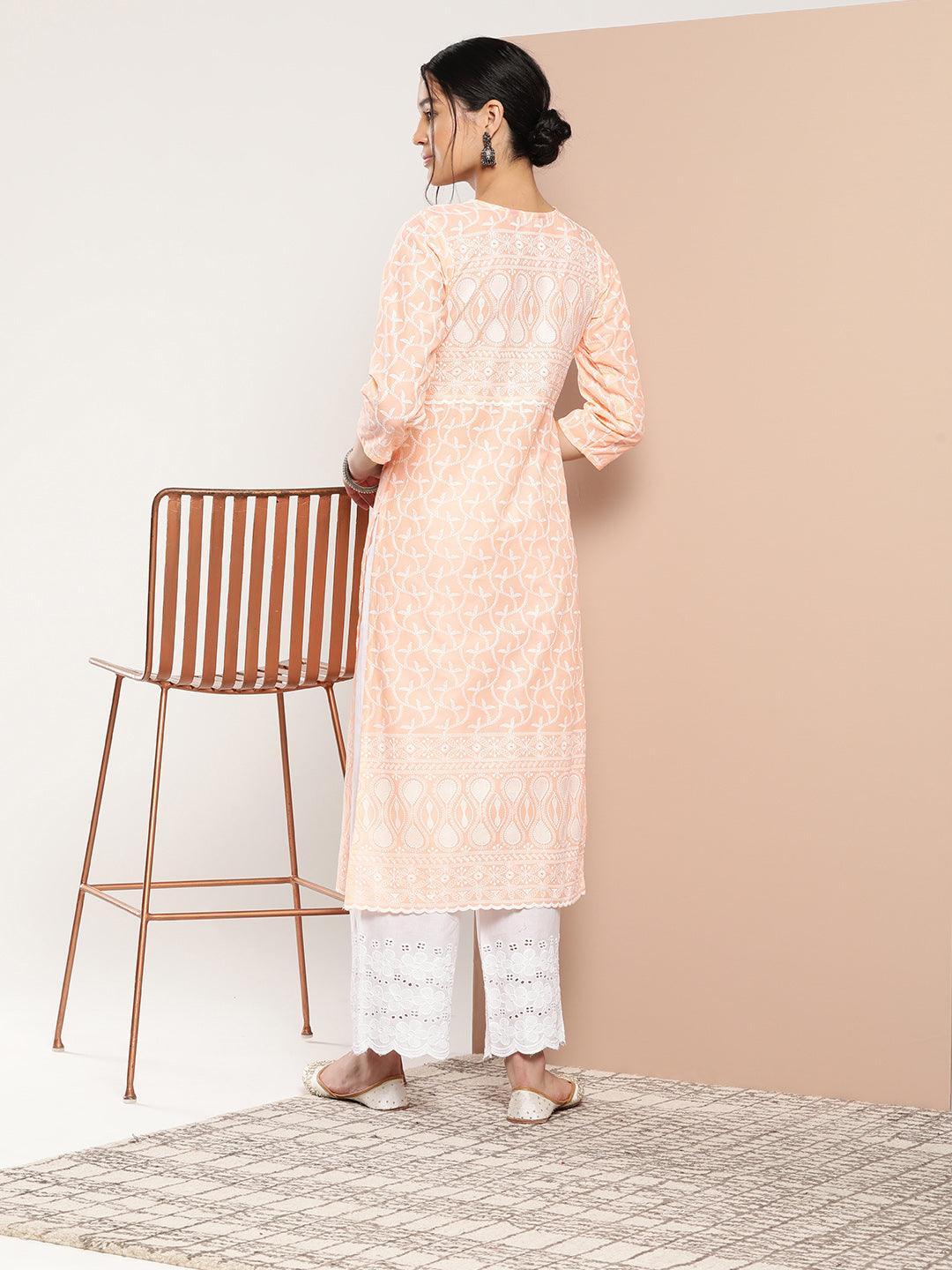 Peach Embroidered Cotton Straight Kurta