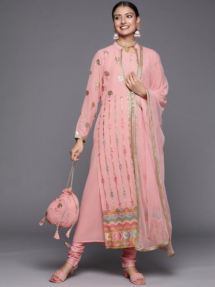 Peach Embroidered Georgette Pakistani Style Suit Set - ShopLibas