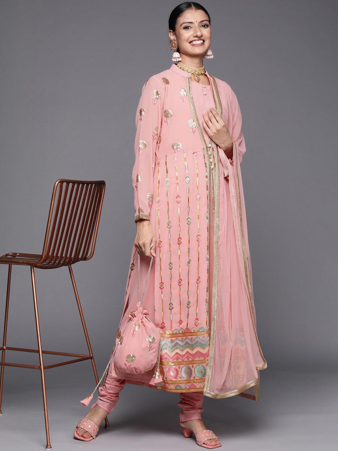 Peach Embroidered Georgette Pakistani Style Suit Set