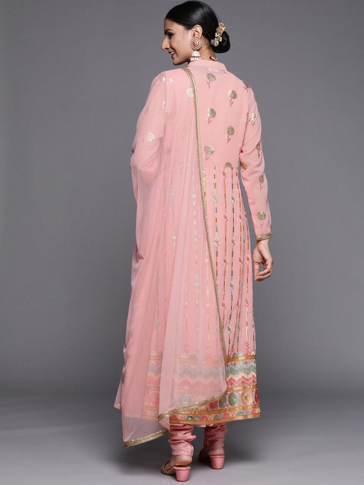 Peach Embroidered Georgette Pakistani Style Suit Set - ShopLibas