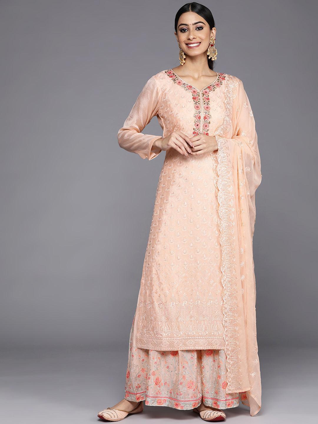 Peach Embroidered Georgette Straight Kurta With Sharara & Dupatta