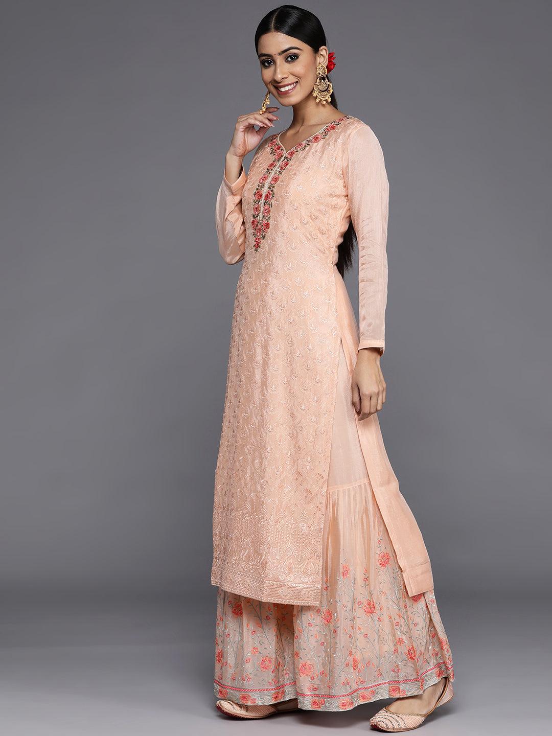 Peach Embroidered Georgette Straight Kurta With Sharara & Dupatta