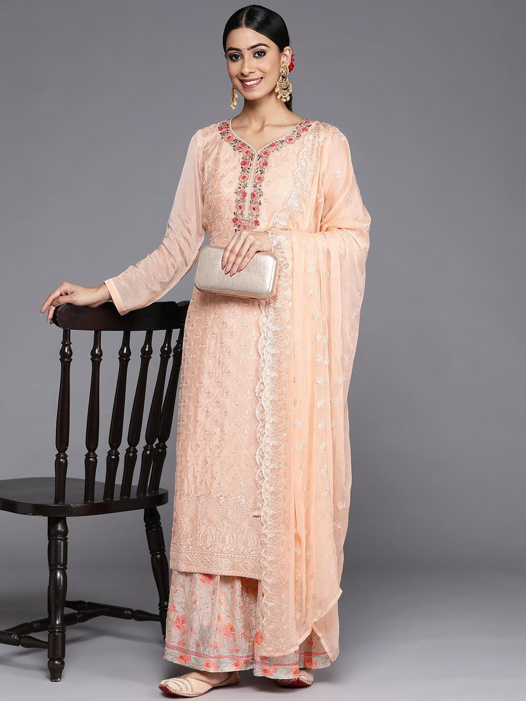 Peach Embroidered Georgette Straight Kurta With Sharara & Dupatta