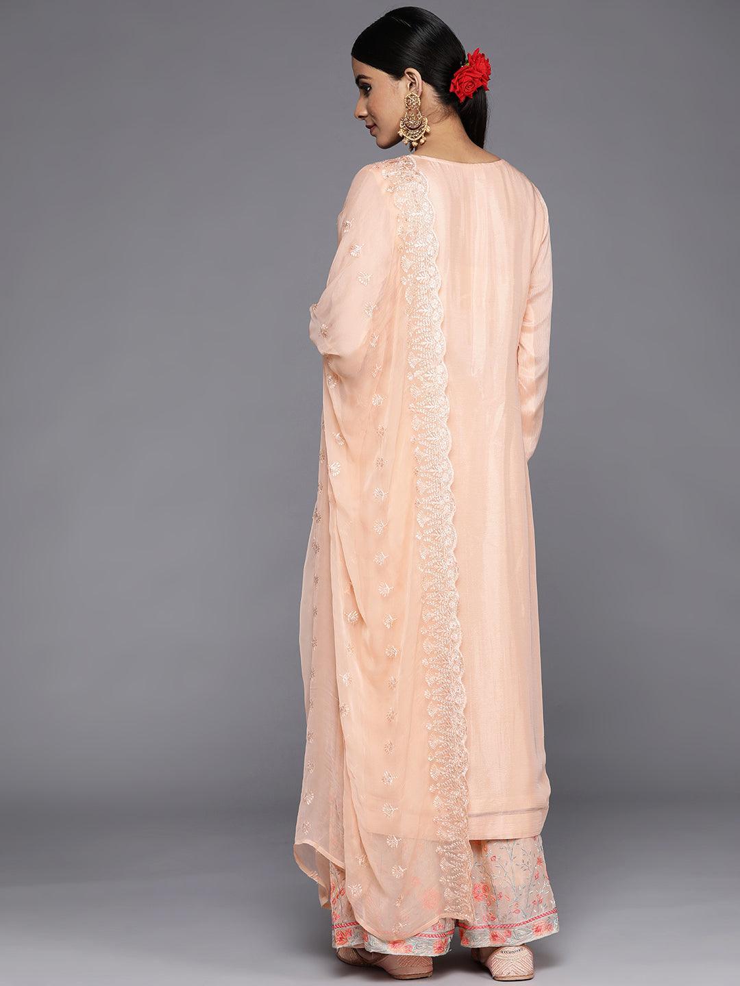 Peach Embroidered Georgette Straight Kurta With Sharara & Dupatta