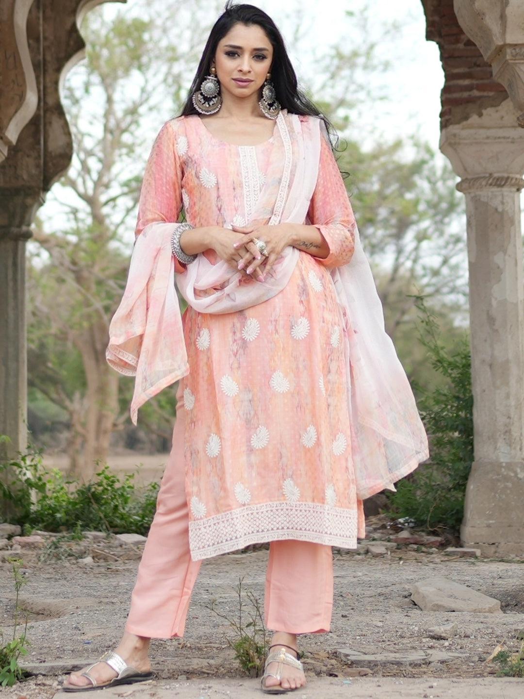 Peach Embroidered Georgette Straight Kurta With Trousers & Dupatta