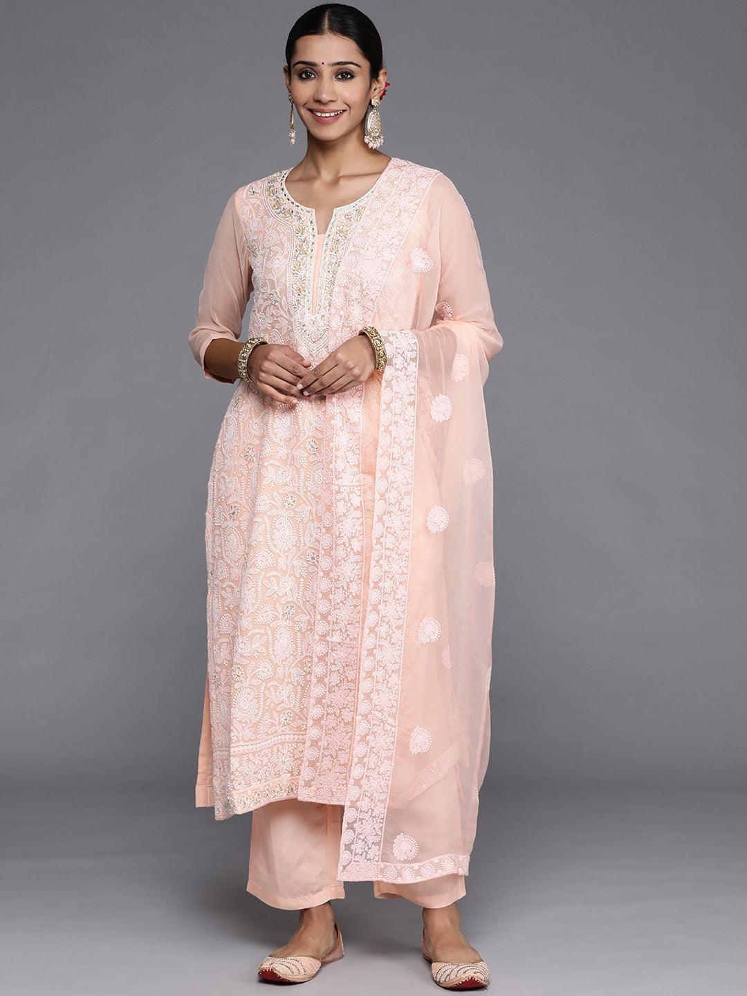 Peach Embroidered Poly Georgette Straight Suit Set