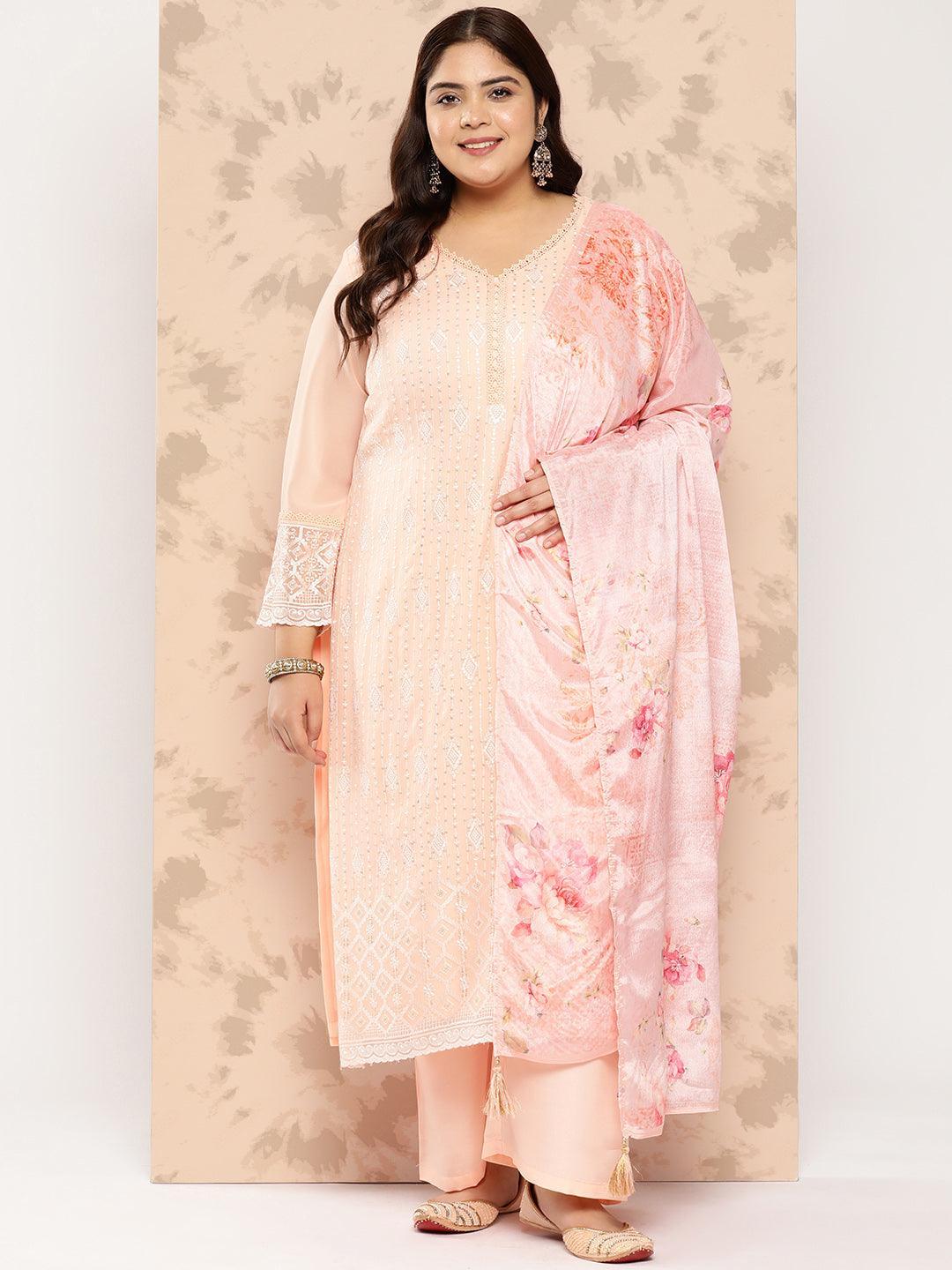 Peach Embroidered Georgette Straight Kurta With Trousers and Dupatta