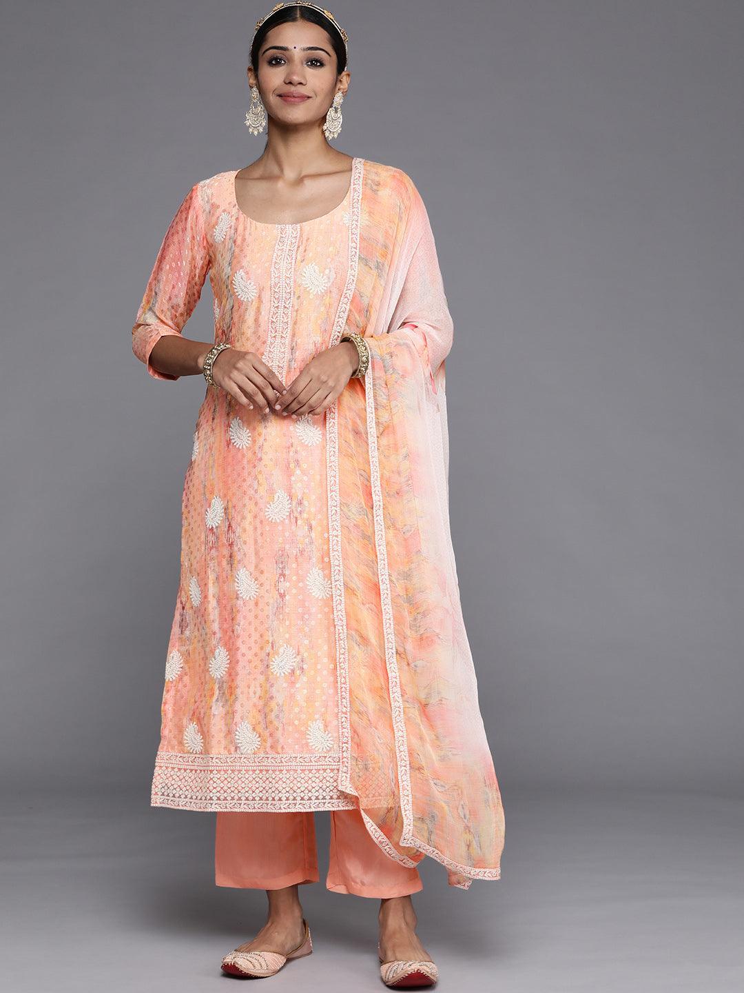 Peach Embroidered Georgette Straight Kurta With Trousers & Dupatta