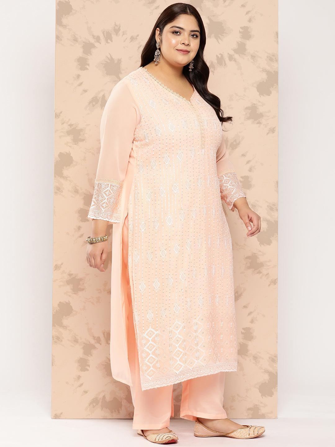 Peach Embroidered Georgette Straight Kurta With Trousers and Dupatta