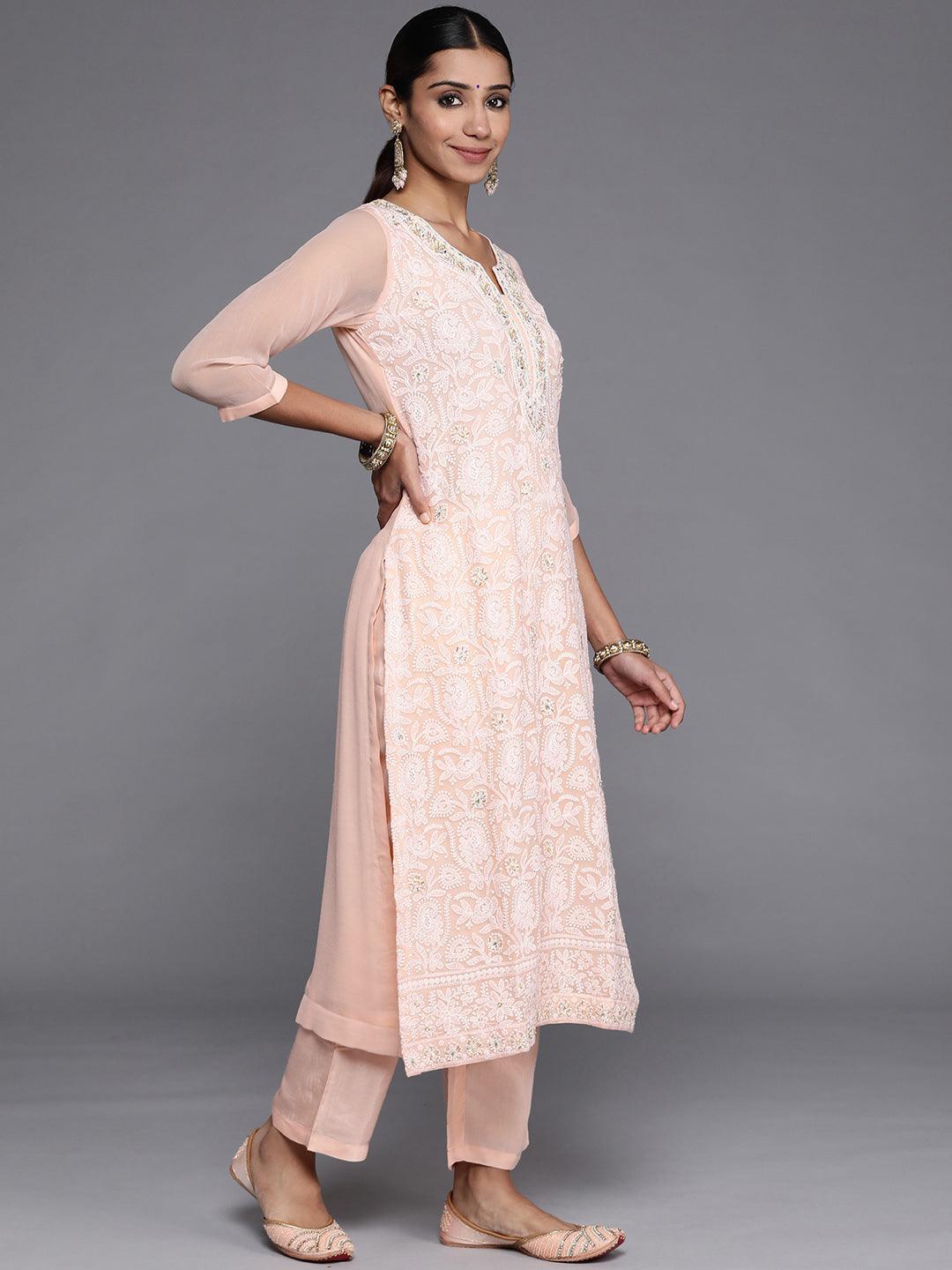 Peach Embroidered Poly Georgette Straight Suit Set