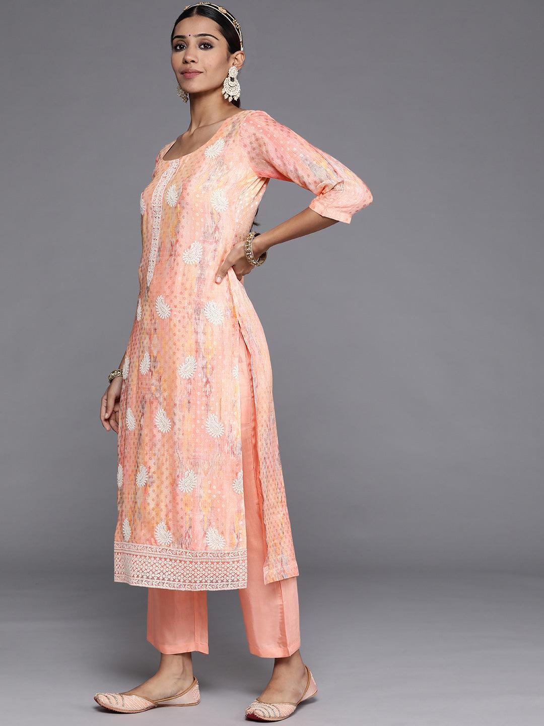 Peach Embroidered Georgette Straight Kurta With Trousers & Dupatta