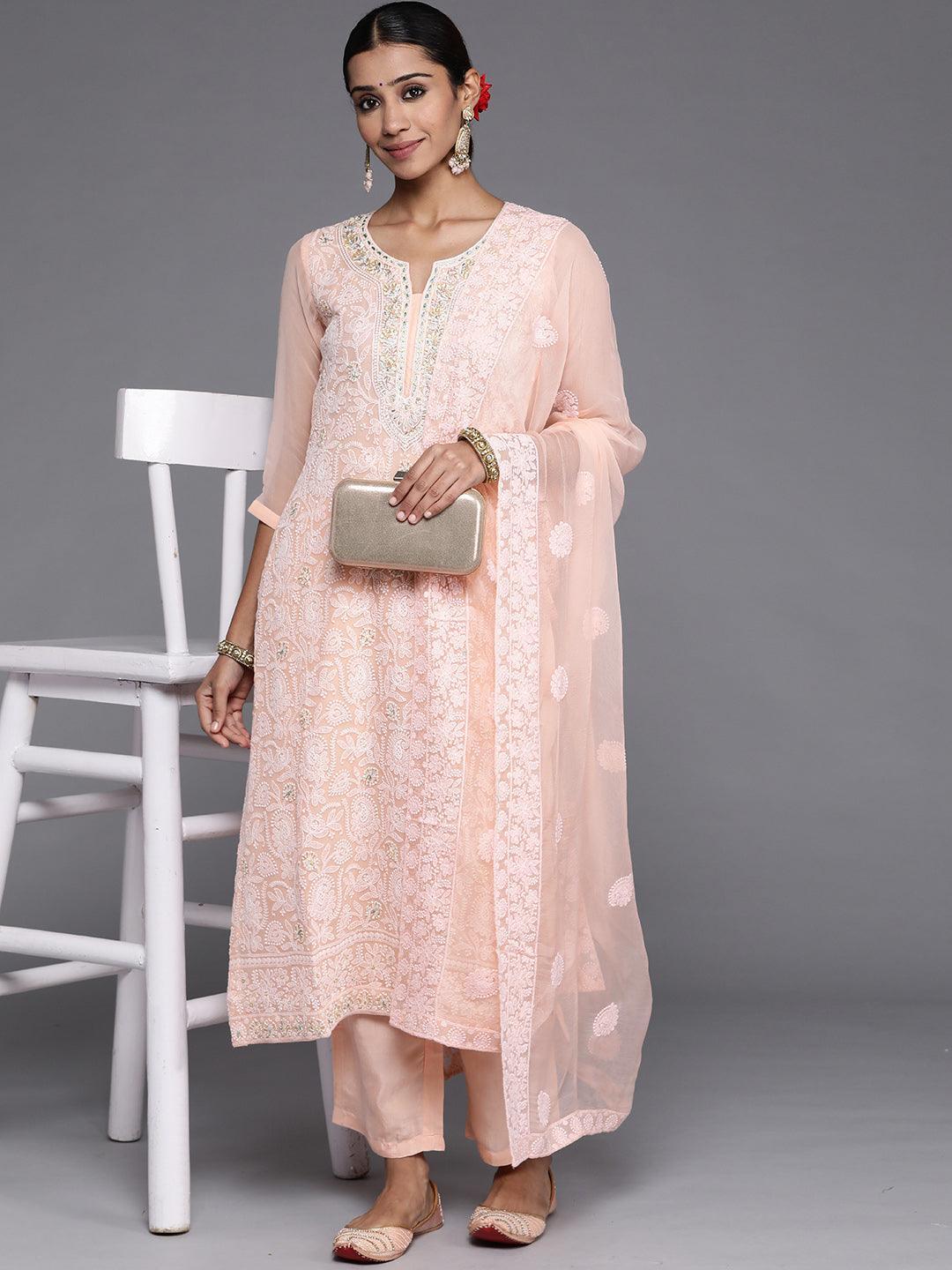 Peach Embroidered Poly Georgette Straight Suit Set