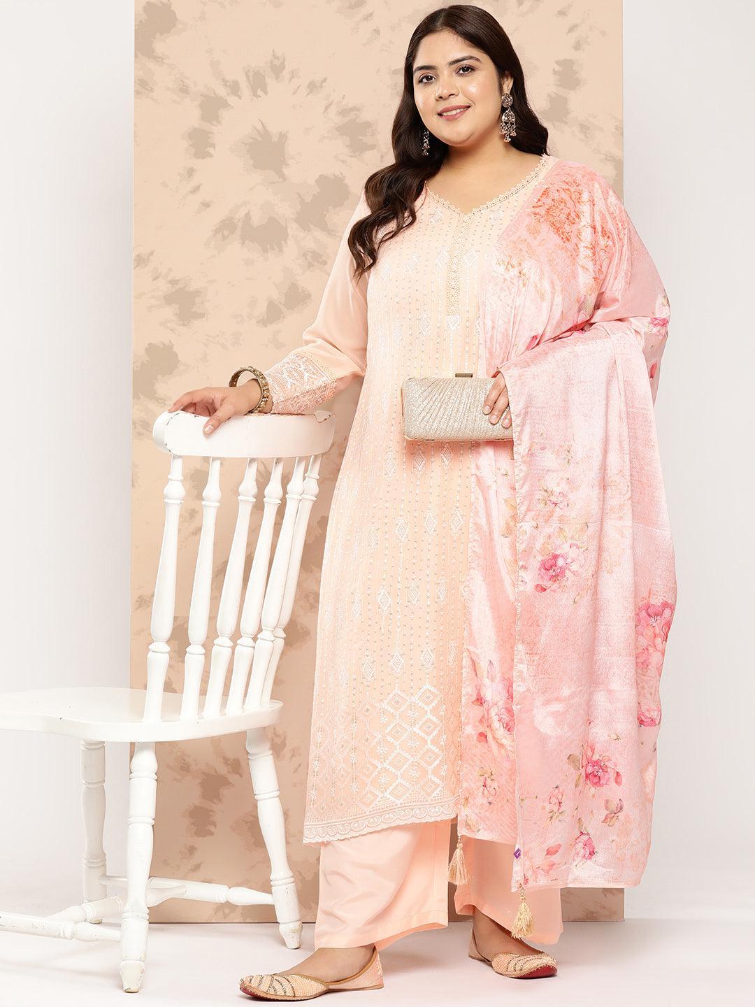 Peach Embroidered Georgette Straight Kurta With Trousers and Dupatta