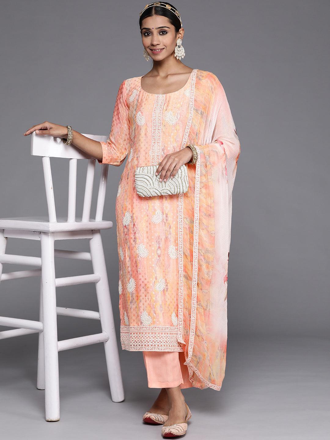 Peach Embroidered Georgette Straight Kurta With Trousers & Dupatta