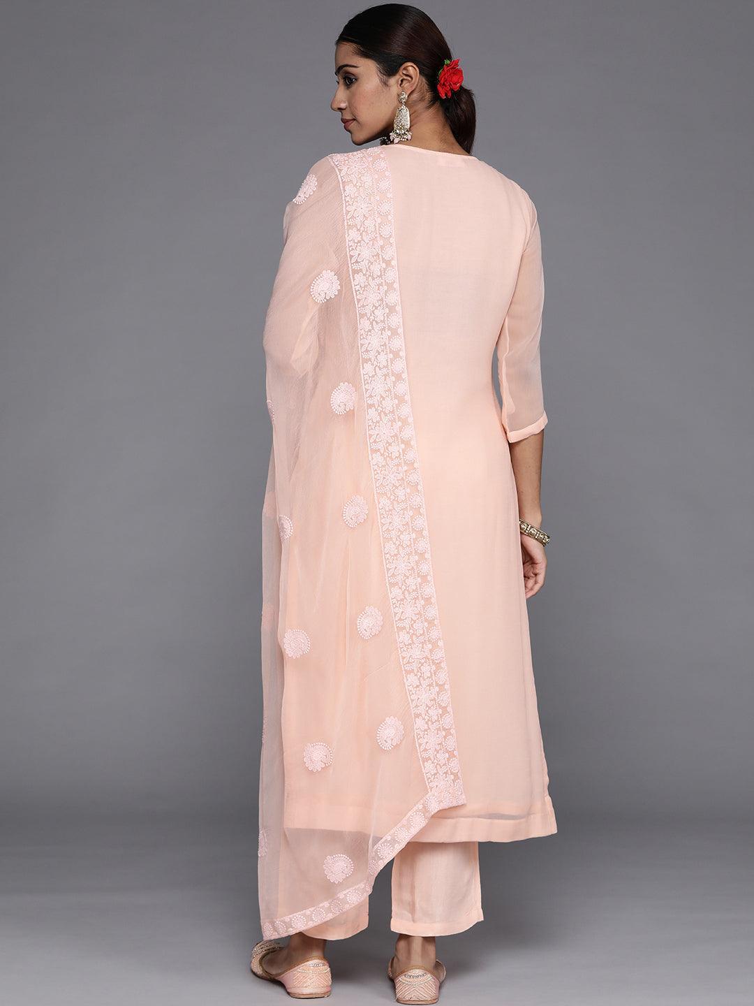 Peach Embroidered Poly Georgette Straight Suit Set