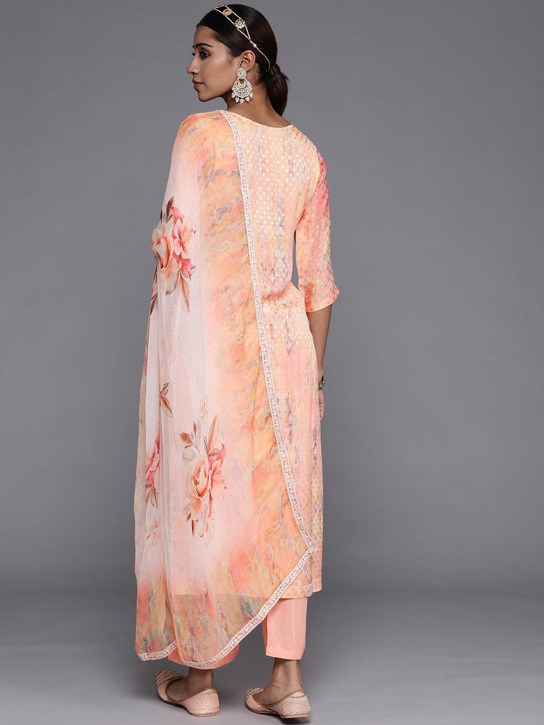 Peach Embroidered Poly Georgette Straight Suit Set - Libas