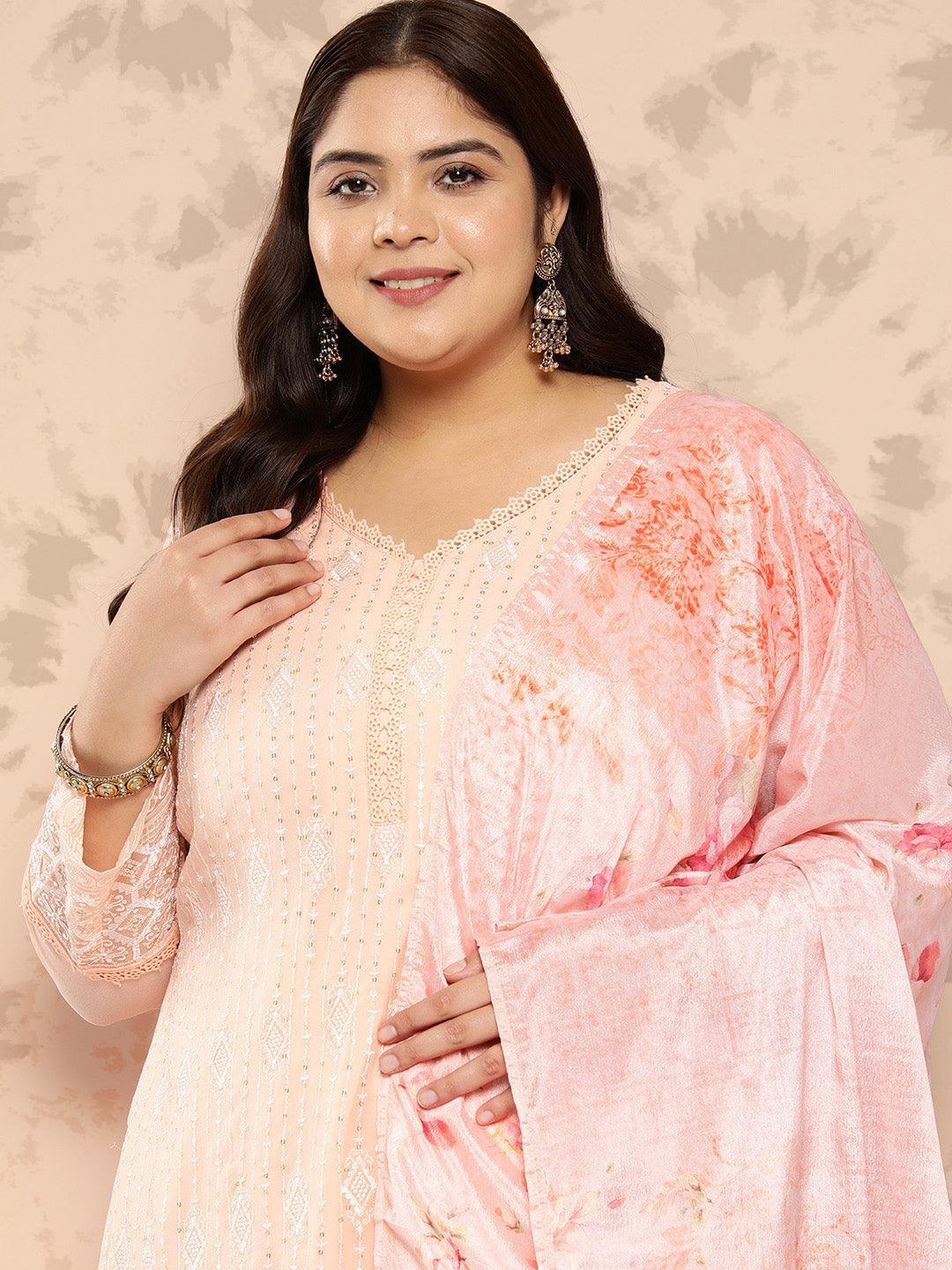 Peach Embroidered Georgette Straight Kurta With Trousers and Dupatta - Libas