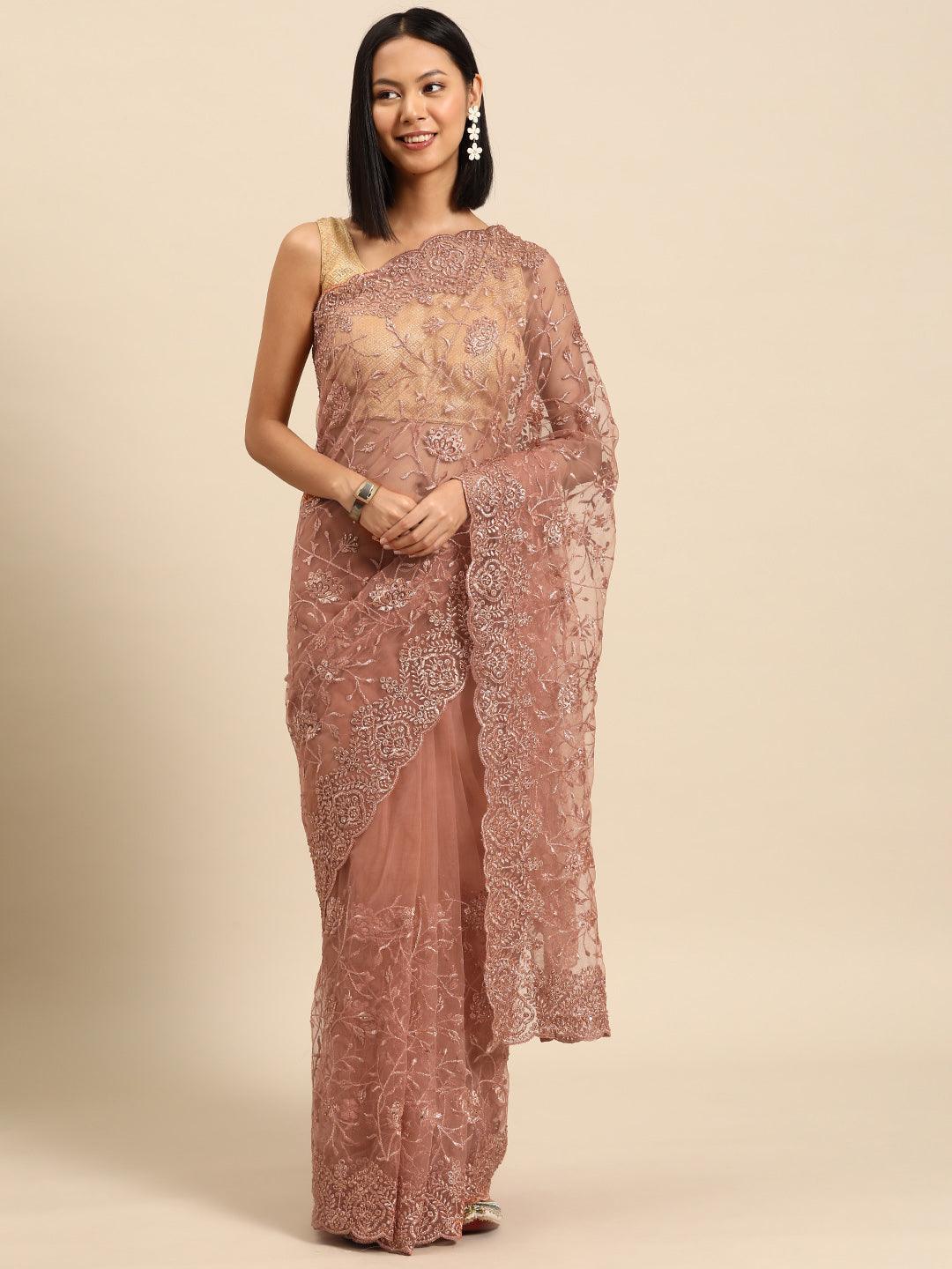 Peach Embroidered Net Saree