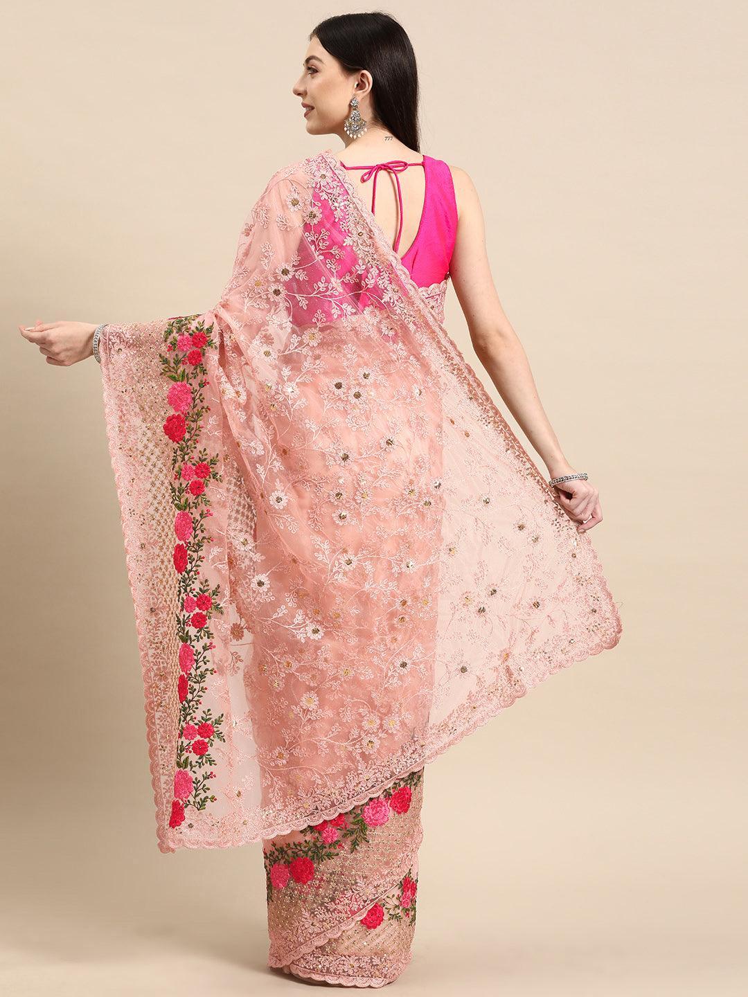 Peach Embroidered Net Saree - Libas