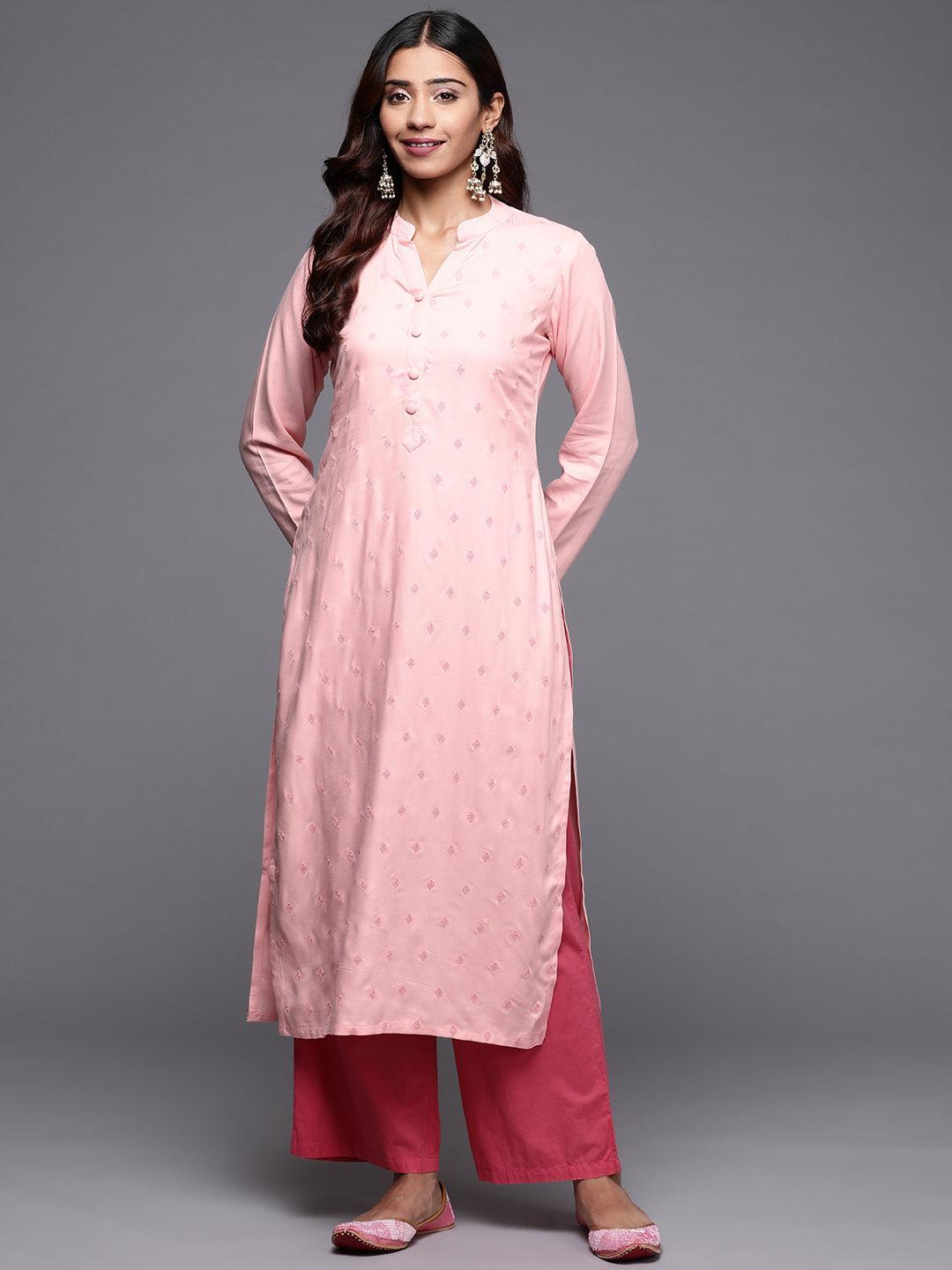 Peach Embroidered Pashmina Wool Straight Kurta